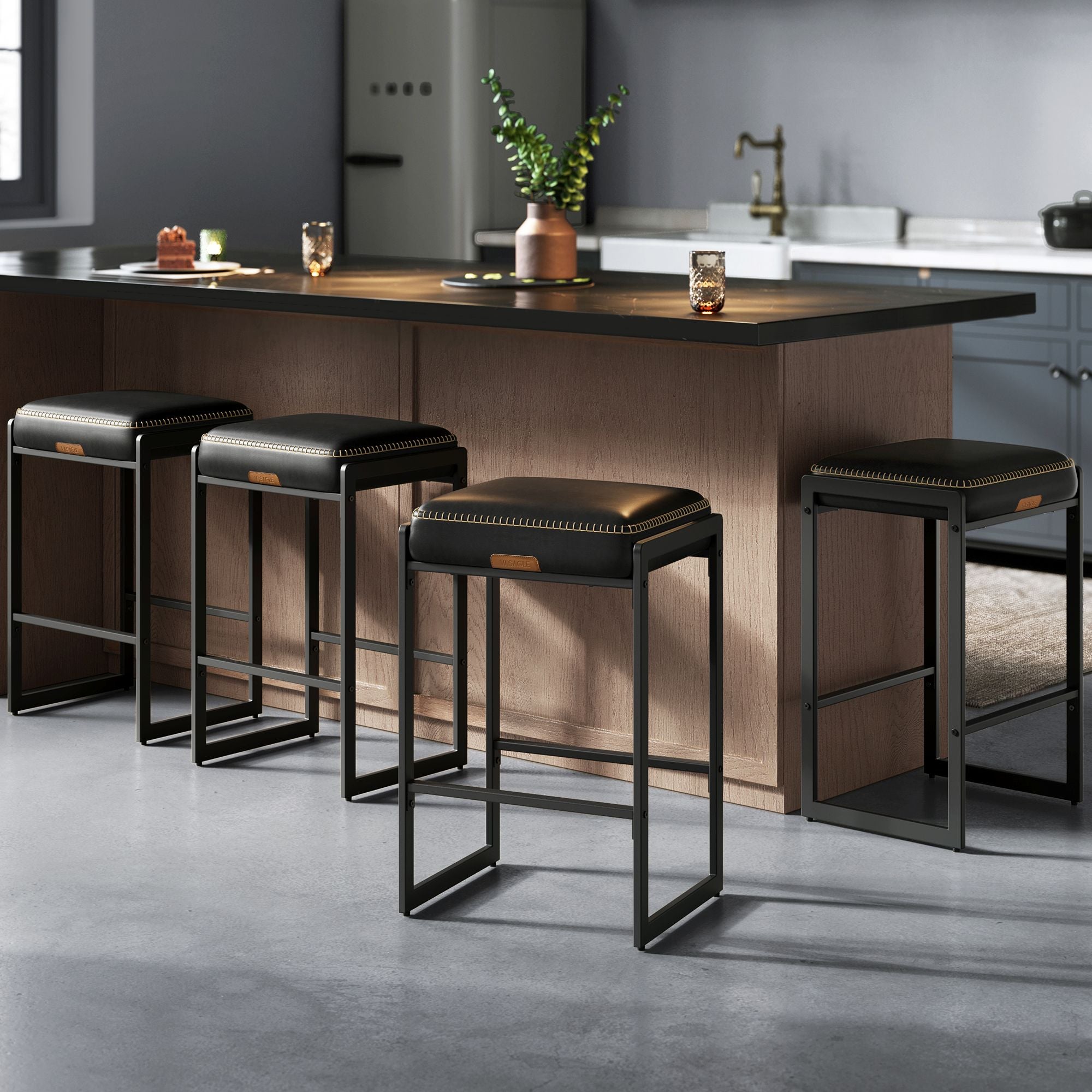 Bar Stools Set Of 4 - Counter Height - PU Leather - 26 Inch - Black