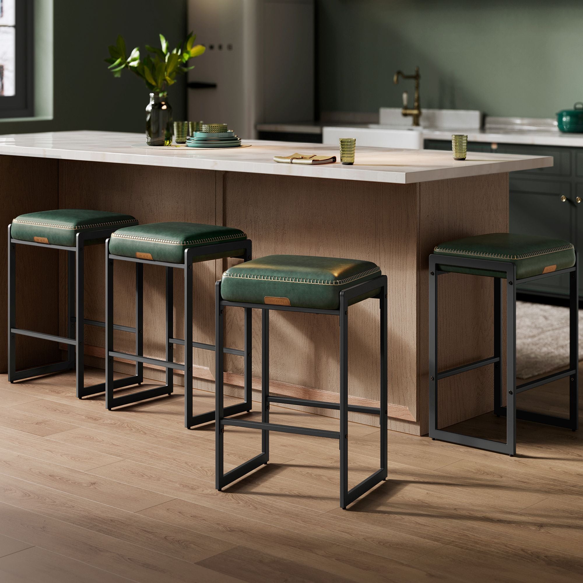 Bar Stools Set Of 4 - Counter Height - PU Leather - 26 Inch - Green