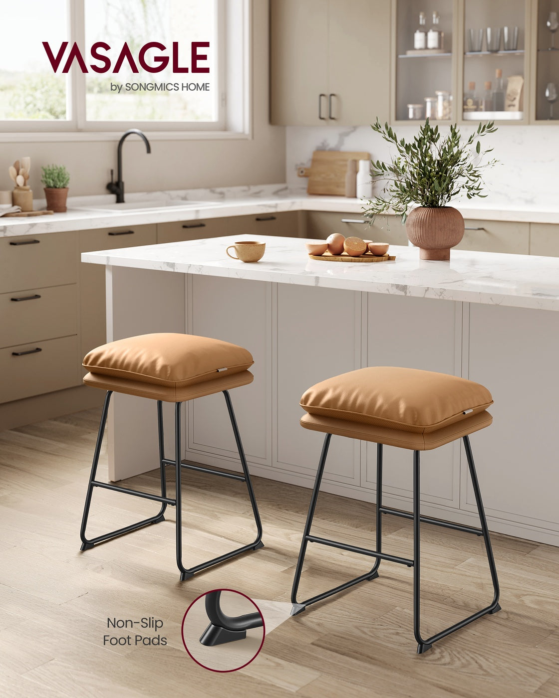 Bar Stools Set of 2 with Soft Cushion and Sled Base - Caramel Brown