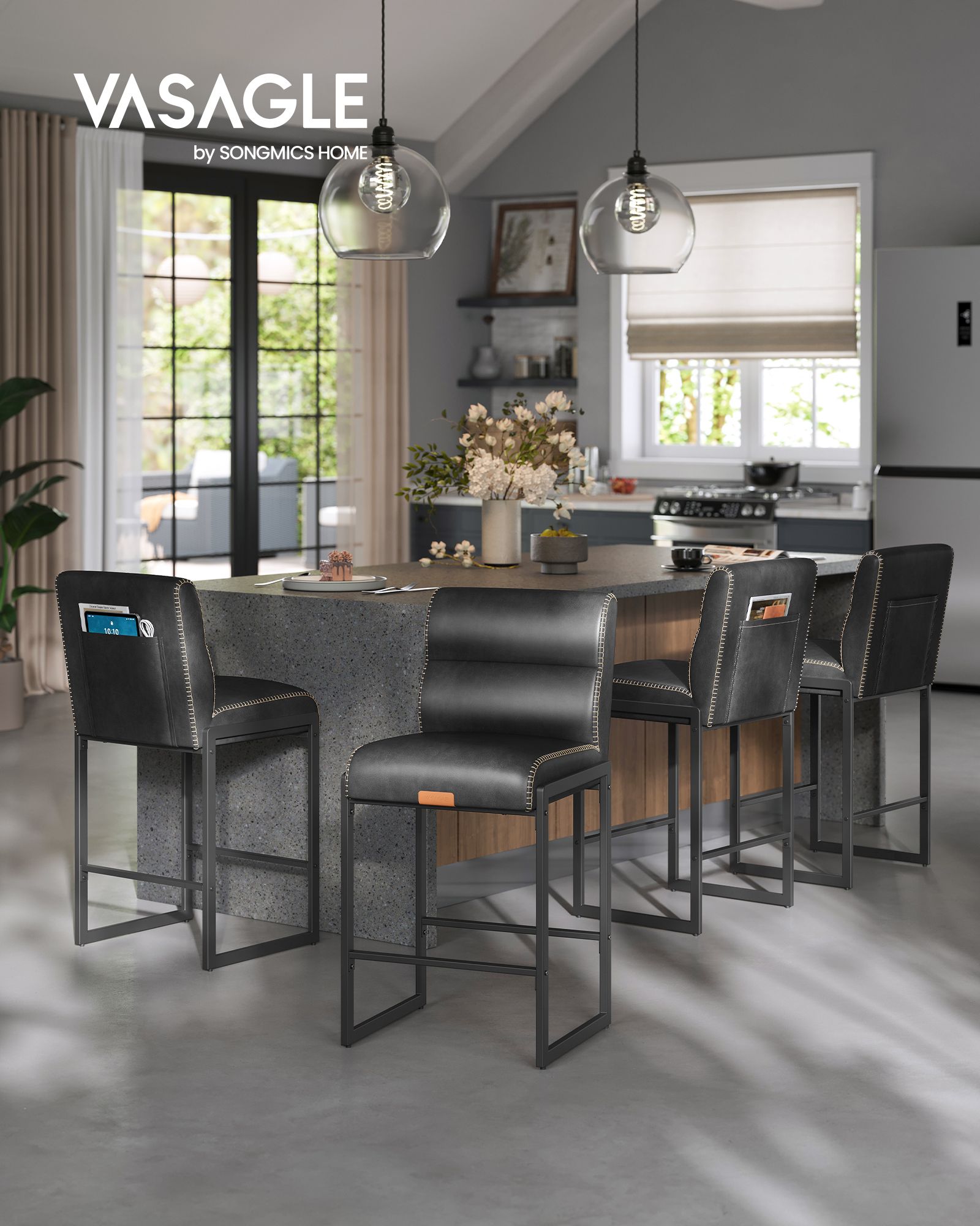 EKHO Collection - Bar Stools Set of 4 - Counter Height Stools with Backs - Ink Black - Ink Black