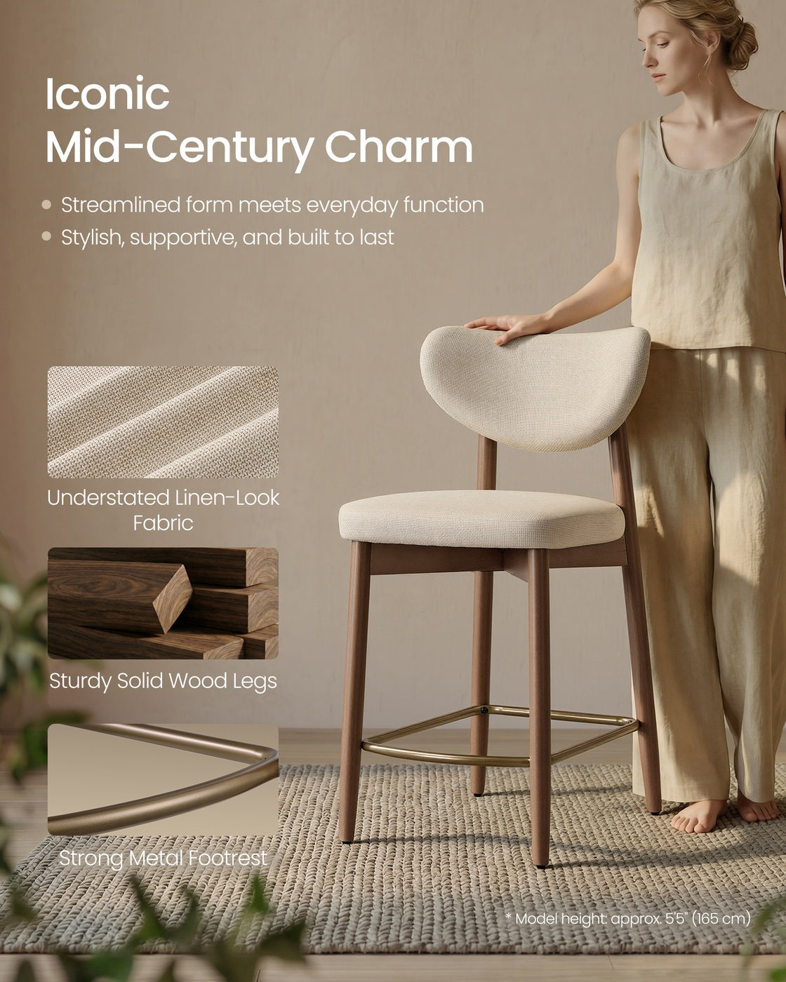 Upholstered Wooden Bar Stool with Back for Kitchen Island - Cappuccino Beige