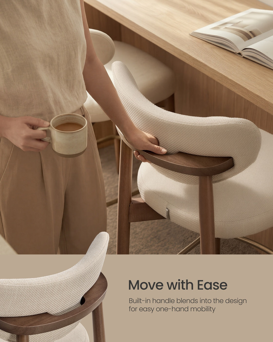 Upholstered Wooden Bar Stool with Back for Kitchen Island - Cappuccino Beige
