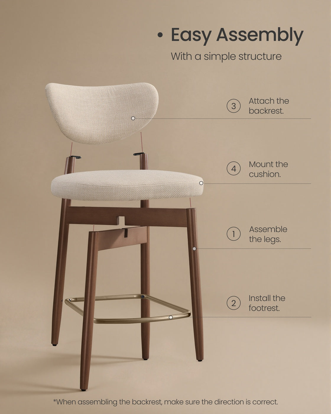 Upholstered Wooden Bar Stool with Back for Kitchen Island - Cappuccino Beige
