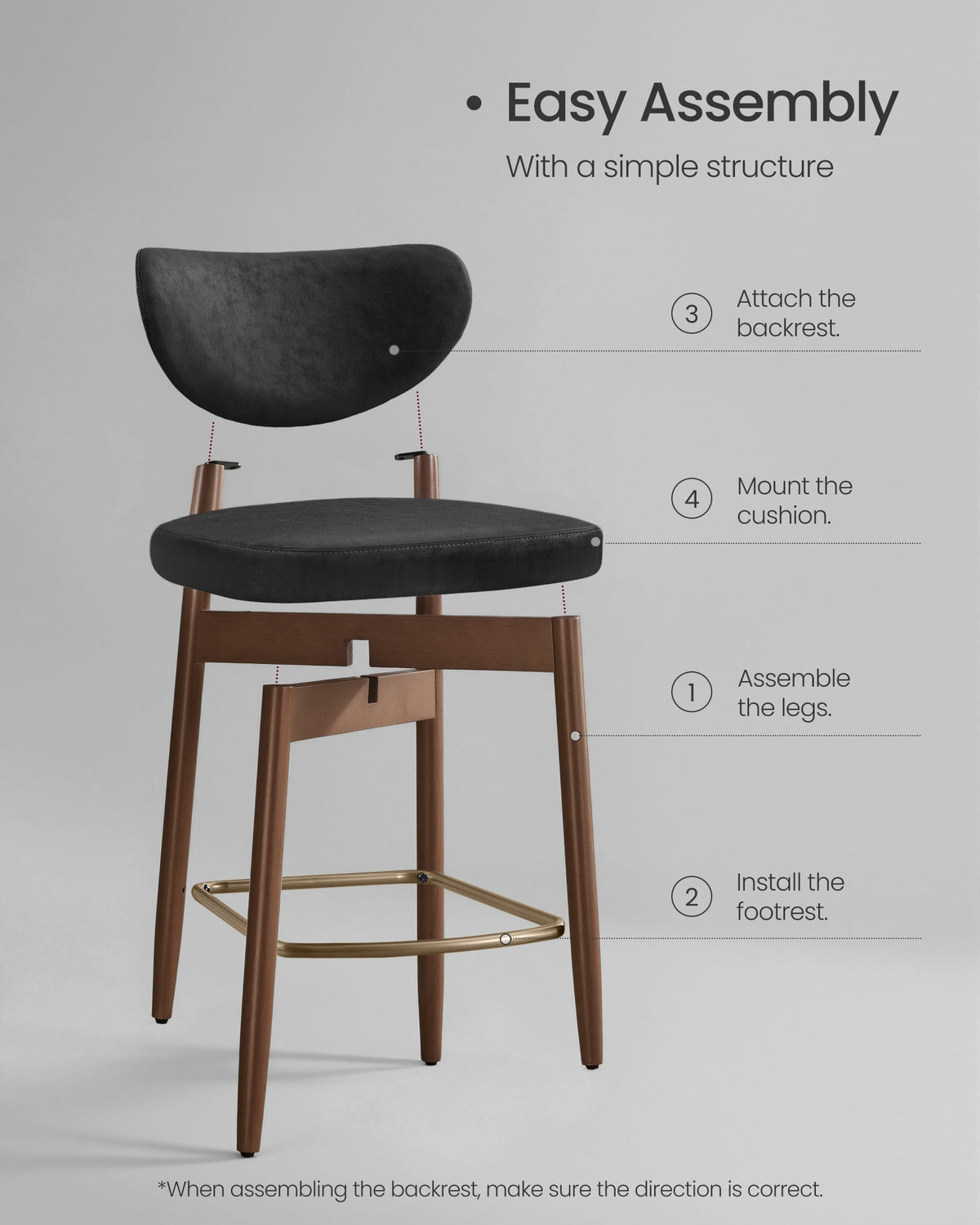 Upholstered Wooden Bar Stool with Back for Kitchen Island - Set of 2