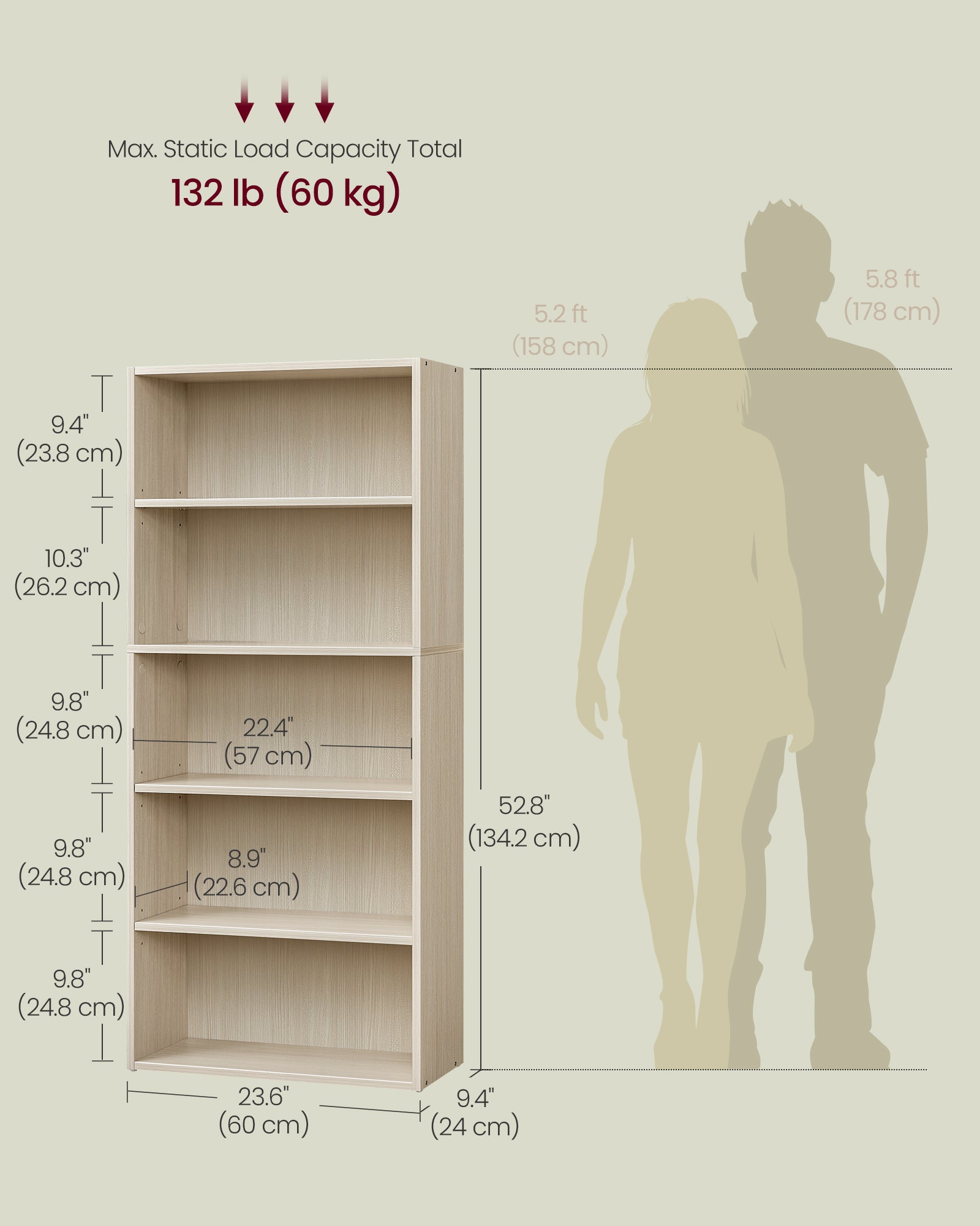 Custos Collection - Bookshelf - 5-Tier Bookcase - Book Shelf - Open Storage Shelf - 9.4 x 23.6 x 52.8 Inches - for Living Room - Home Office - Dinning Room - Natural Beige
