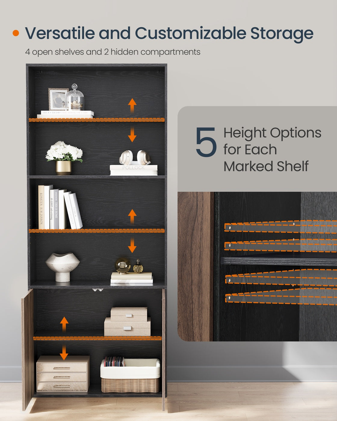 Tall Bookcase - 6-Tier - Toolless Assembly - Cabinet Door