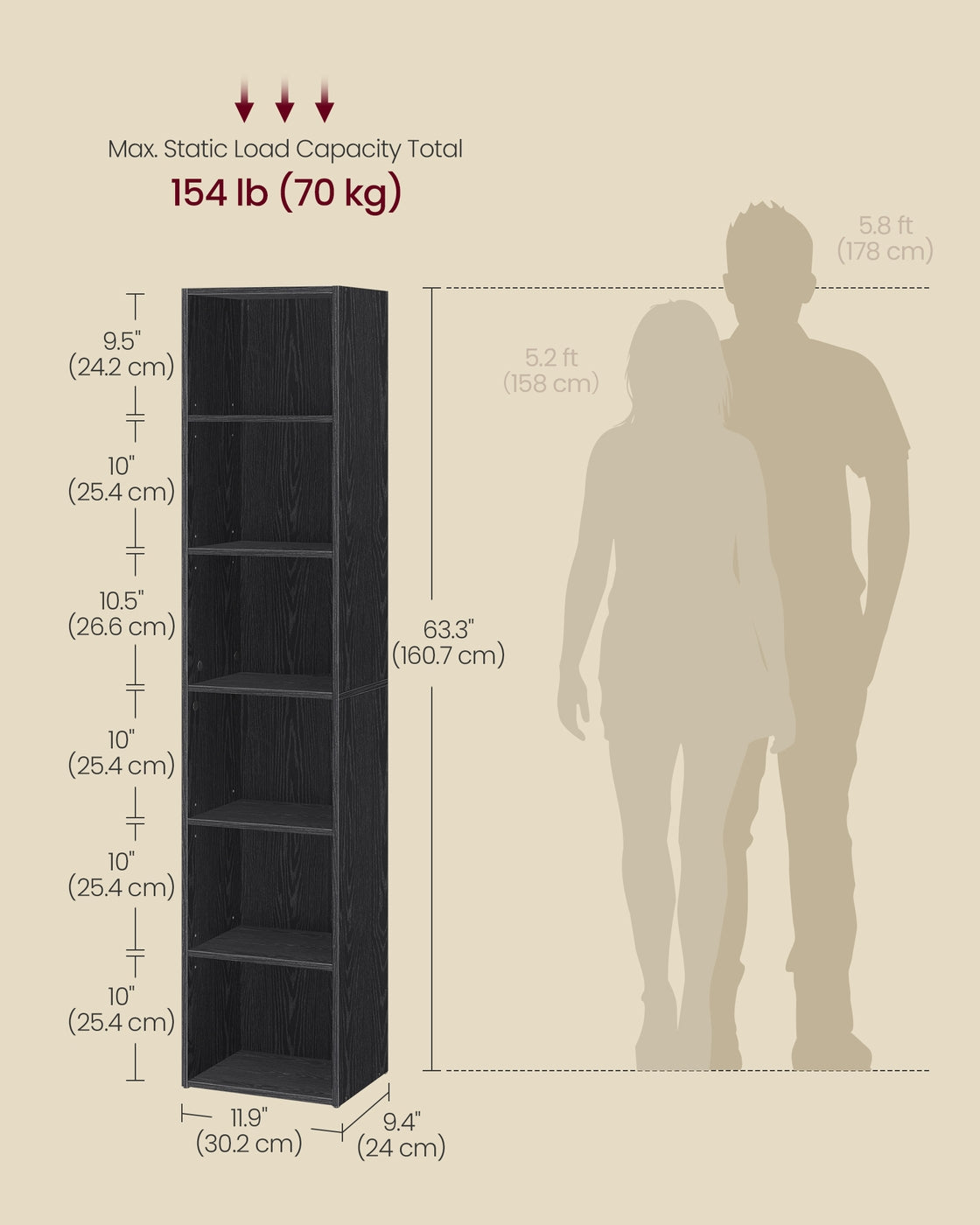 Tall Open Bookshelf - 63 Inch - Narrow With Open Storage Shelves