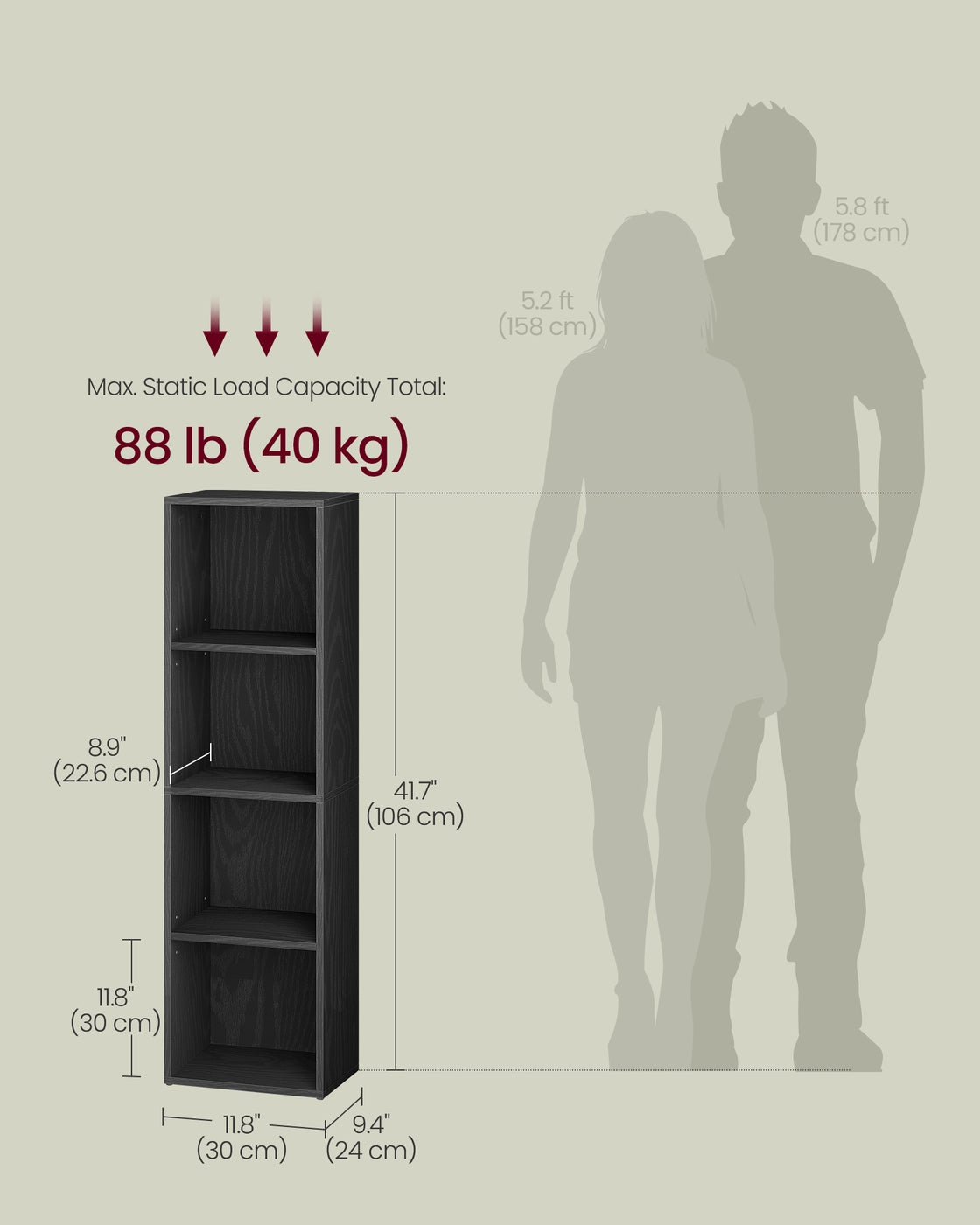 Narrow Bookshelf - 4 Tier - 42 Inch - Slim Open Storage Shelves