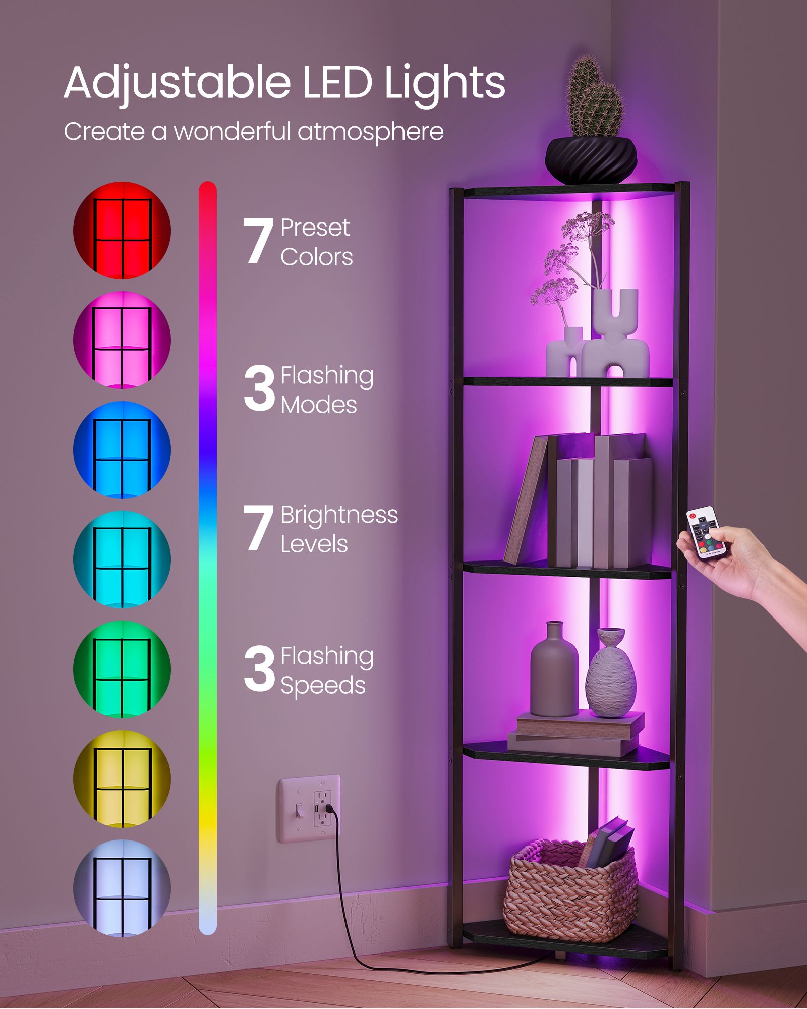 5-Tier Corner Bookshelf with LED Lights - Ebony Black
