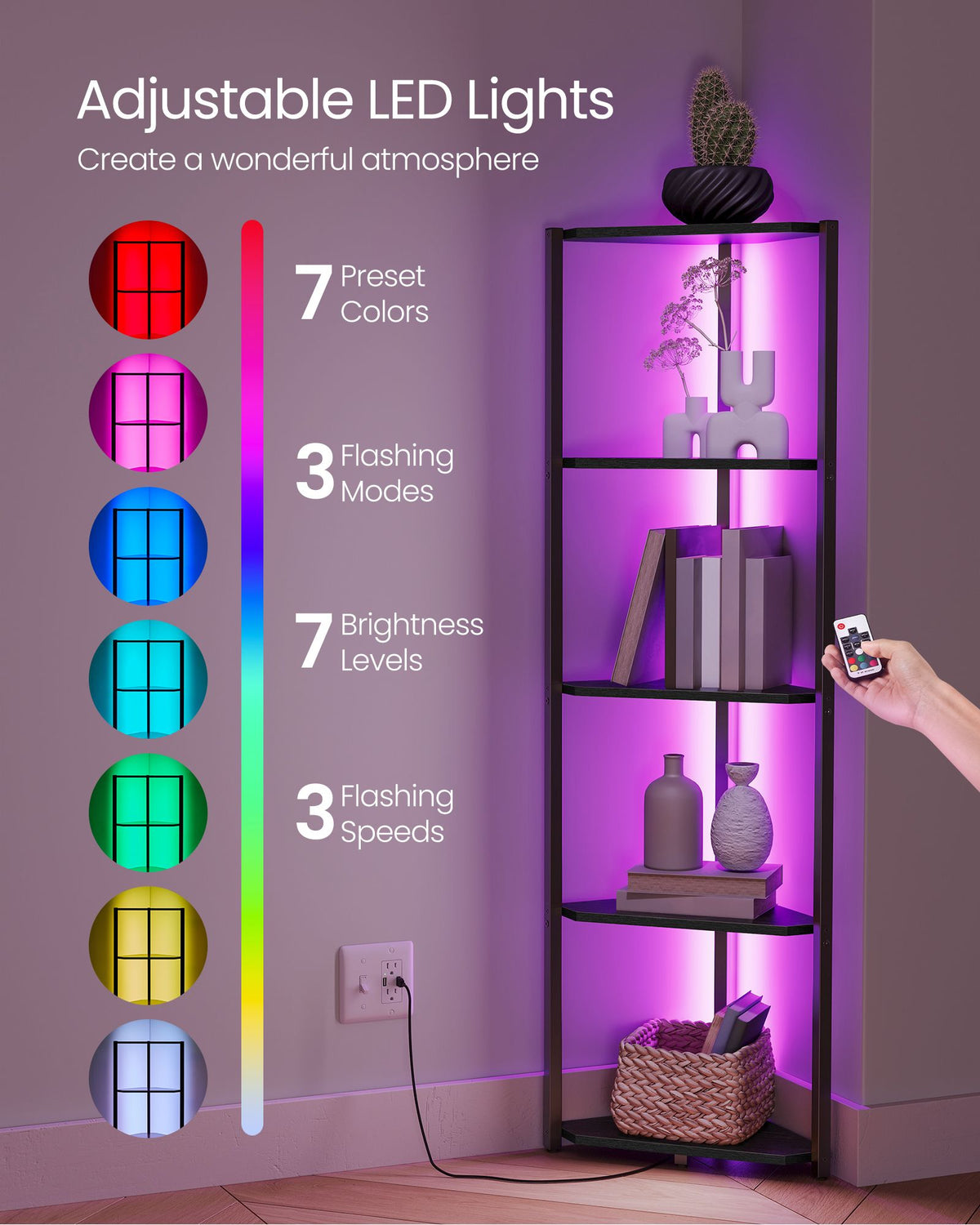 5-Tier Corner Bookshelf with LED Lights - Ebony Black