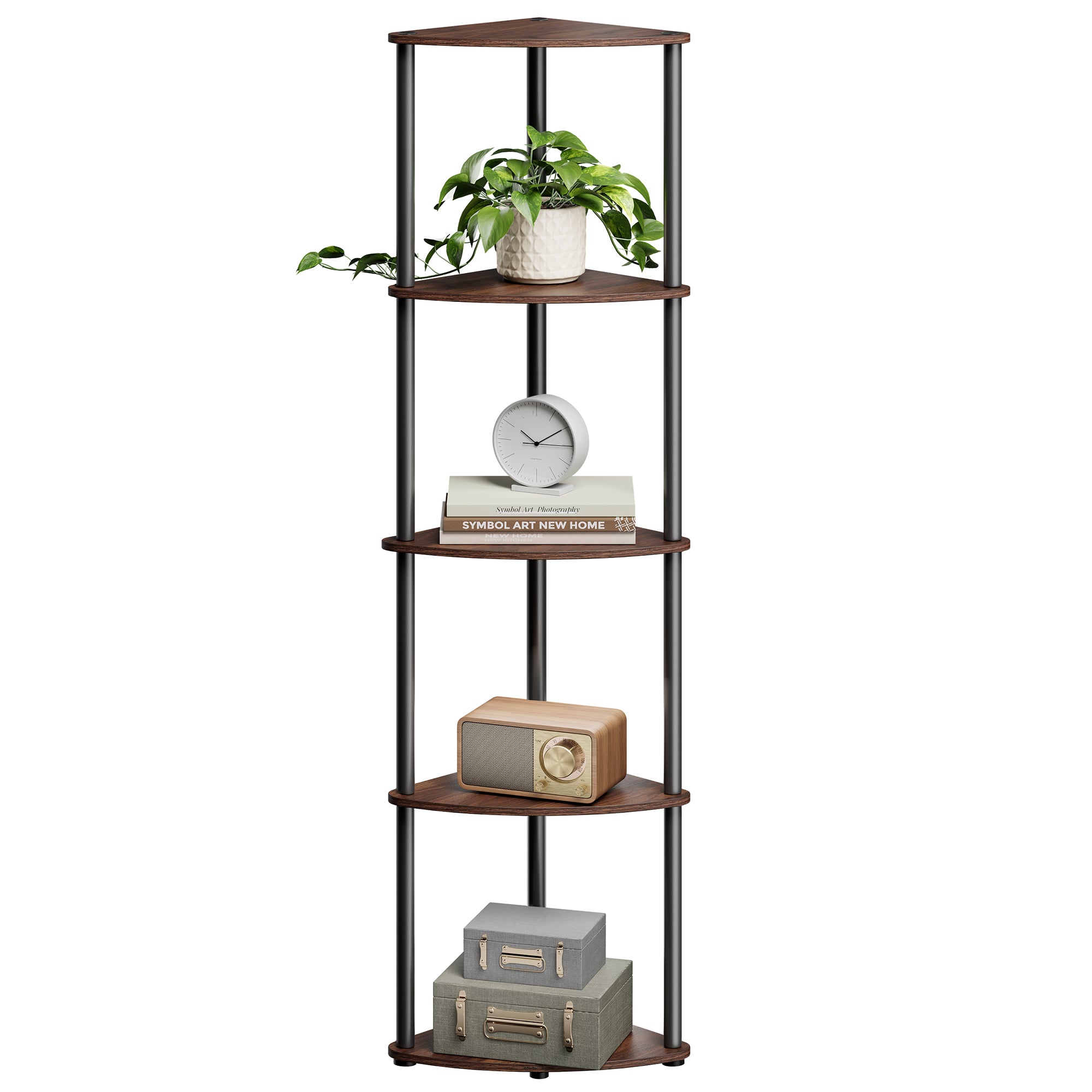 Corner Shelf - Superfast Toolless Assembly - 5-Tier Corner Standing Shelf - Corner Shelf Stand - Somber Walnut
