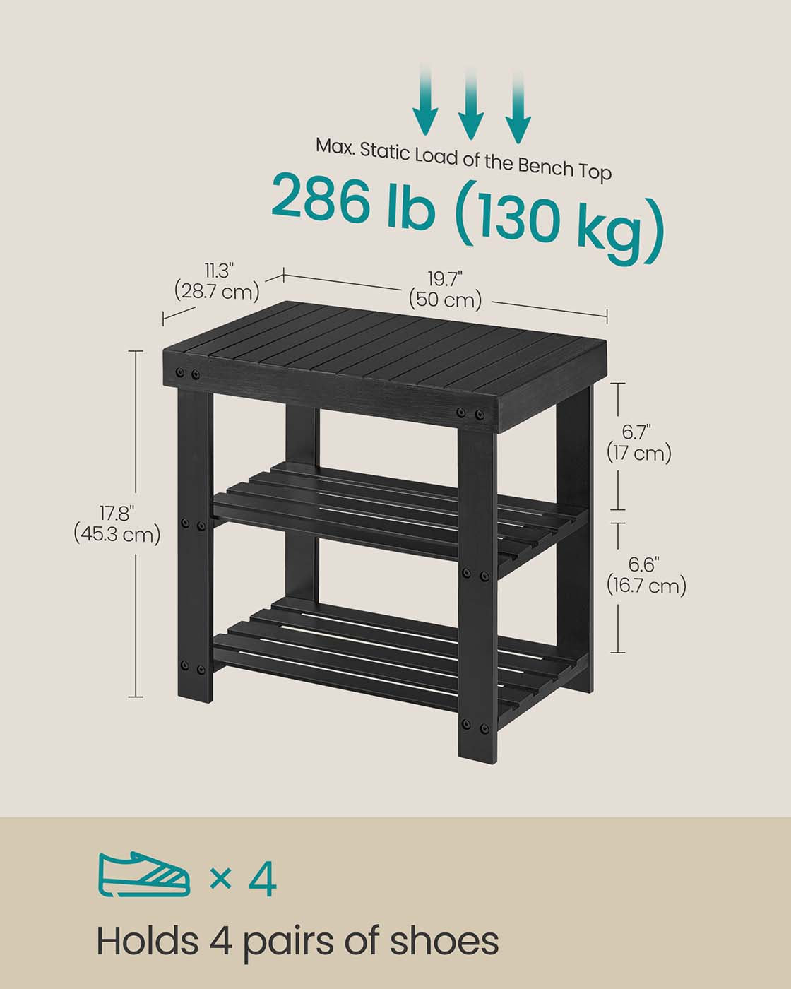Shoe Rack Bench 3-Tier Bamboo Shoe Storage Organizer Ink Black - Ink Black