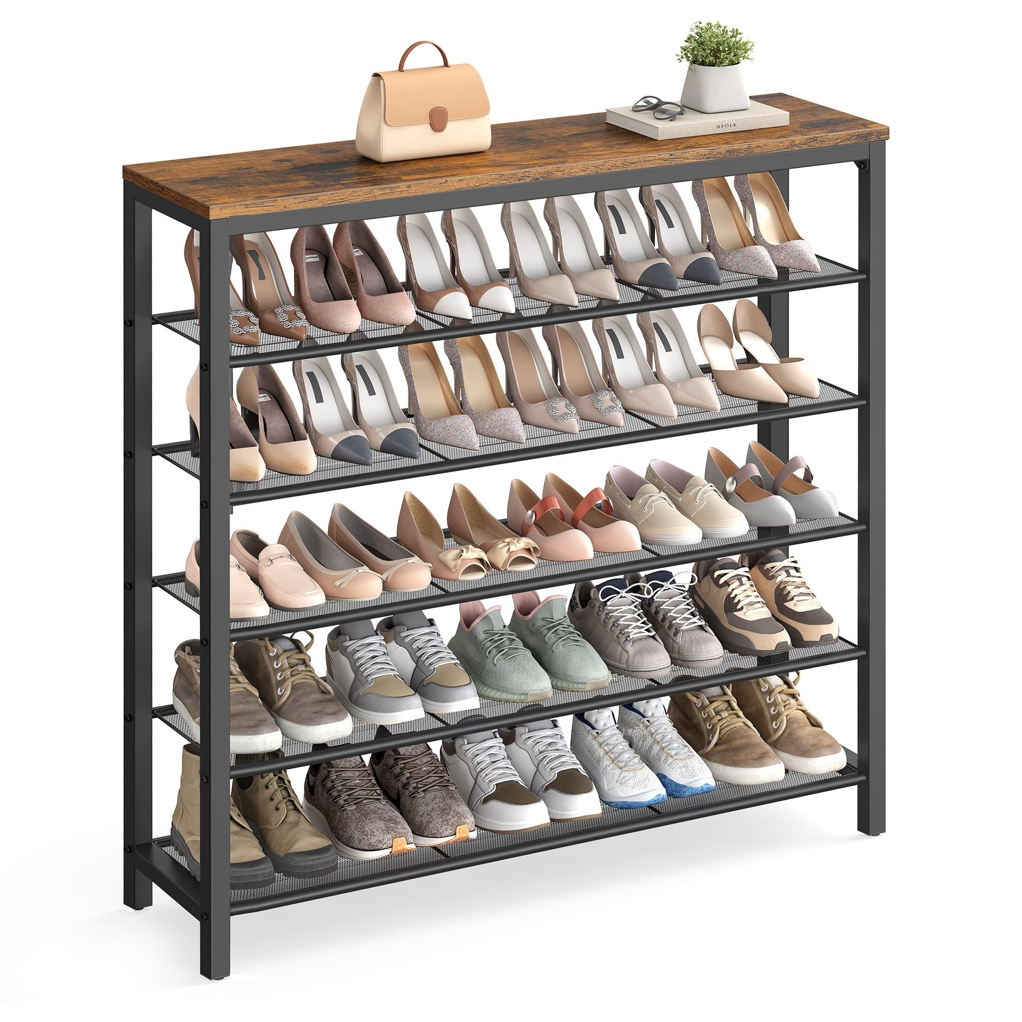 7 Tier Shoe Rack for 32-40 Pairs of Shoes - Rustic Brown and Matte Black