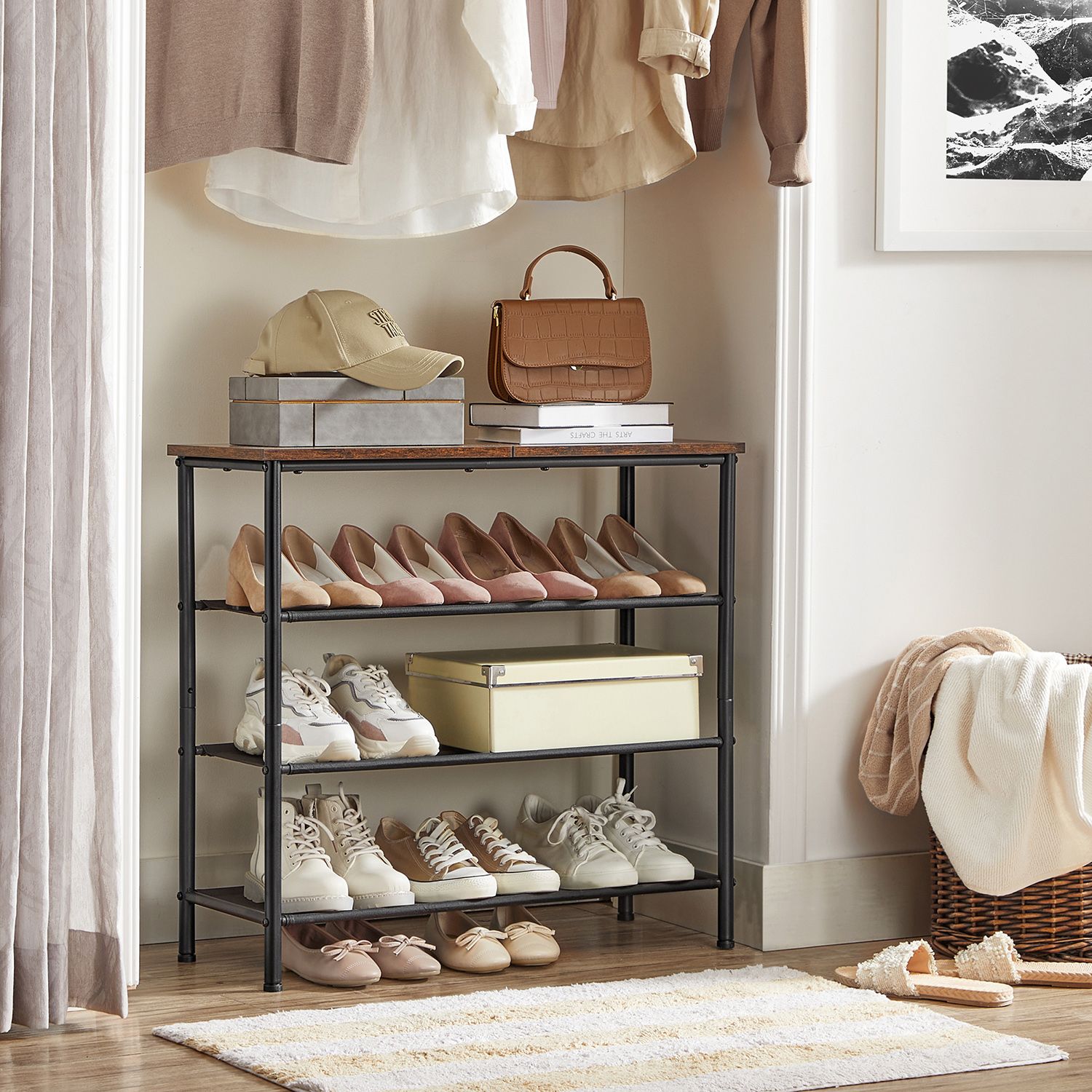 4 Tier Shoe Storage Rack for 9-12 Pairs of Shoes - Rustic Brown, Black