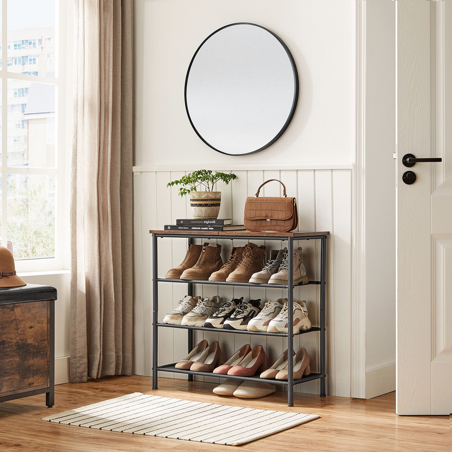 4 Tier Shoe Storage Rack for 9-12 Pairs of Shoes - Rustic Brown, Black