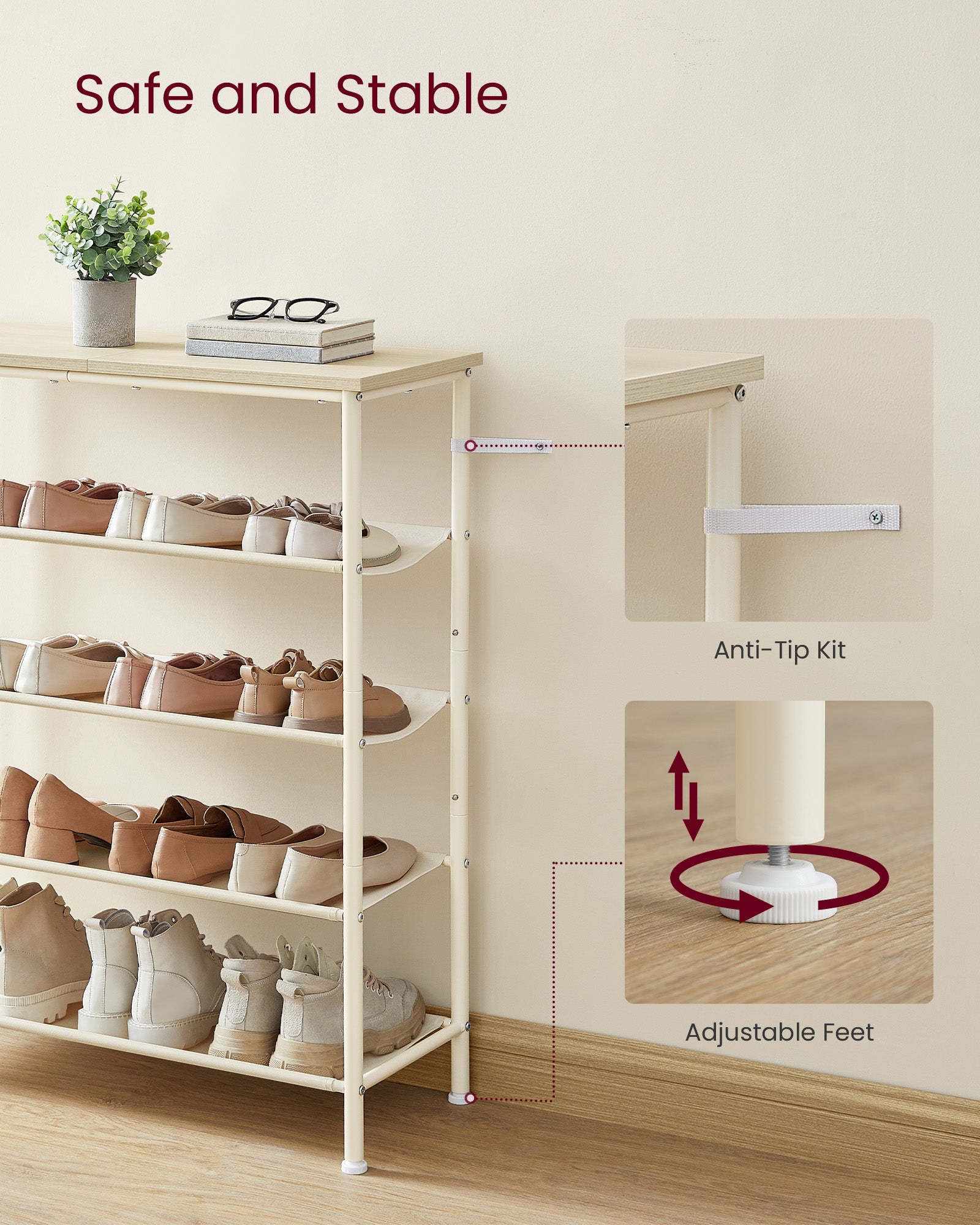 5 Tier Shoe Storage Rack for 12-16 Pairs of Shoes - Natural Beige, Pearl White