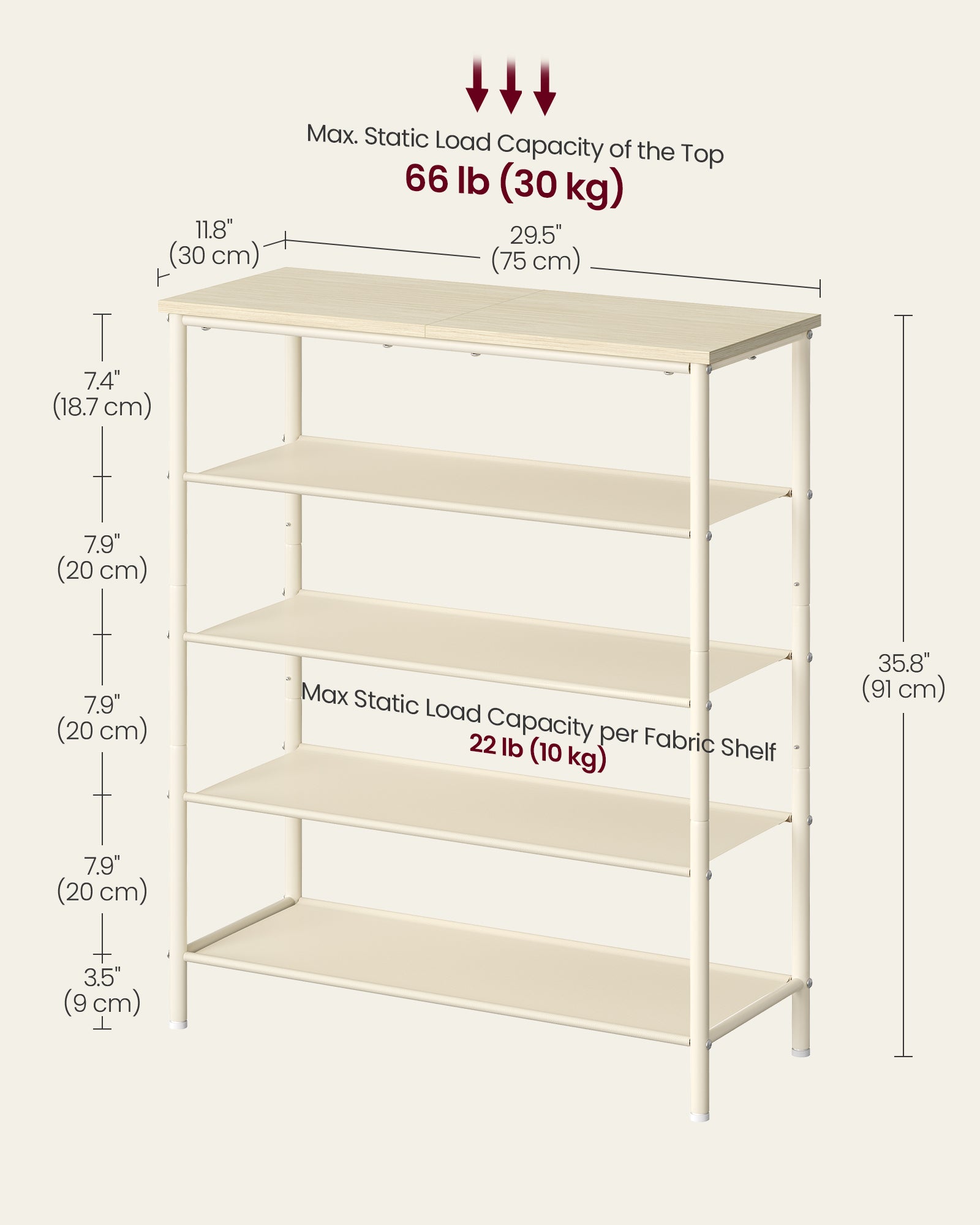 5 Tier Shoe Storage Rack for 12-16 Pairs of Shoes - Natural Beige, Pearl White