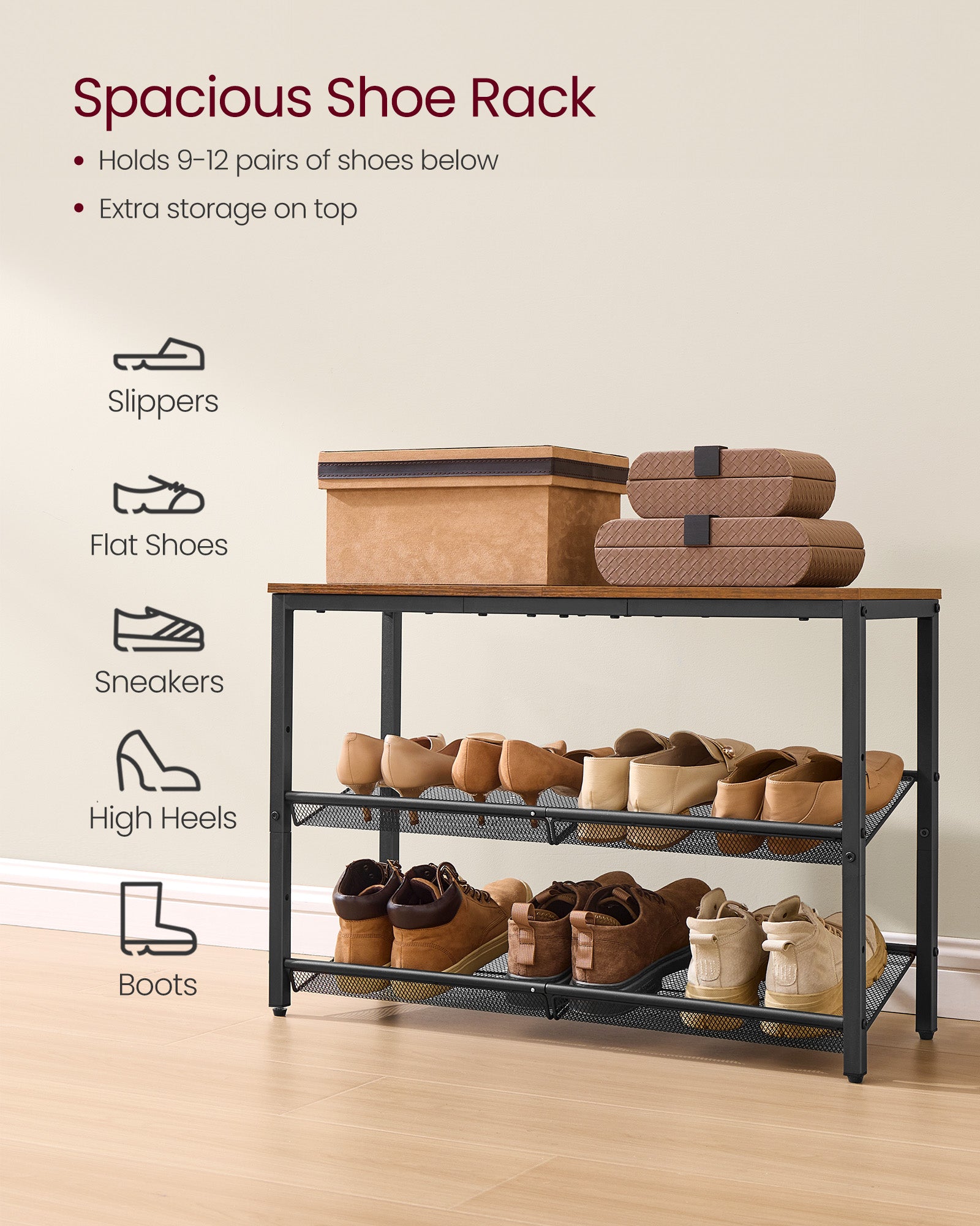 Shoe Rack for Entryway - 3-Tier Shoe Rack Organizer with Storage Shelves and Spacious Top