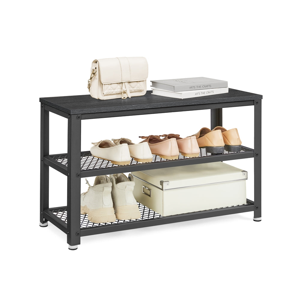 Shelf Storage Bench - Metal Mesh Shelves - 29 Inch Entryway Bench - Beige + White