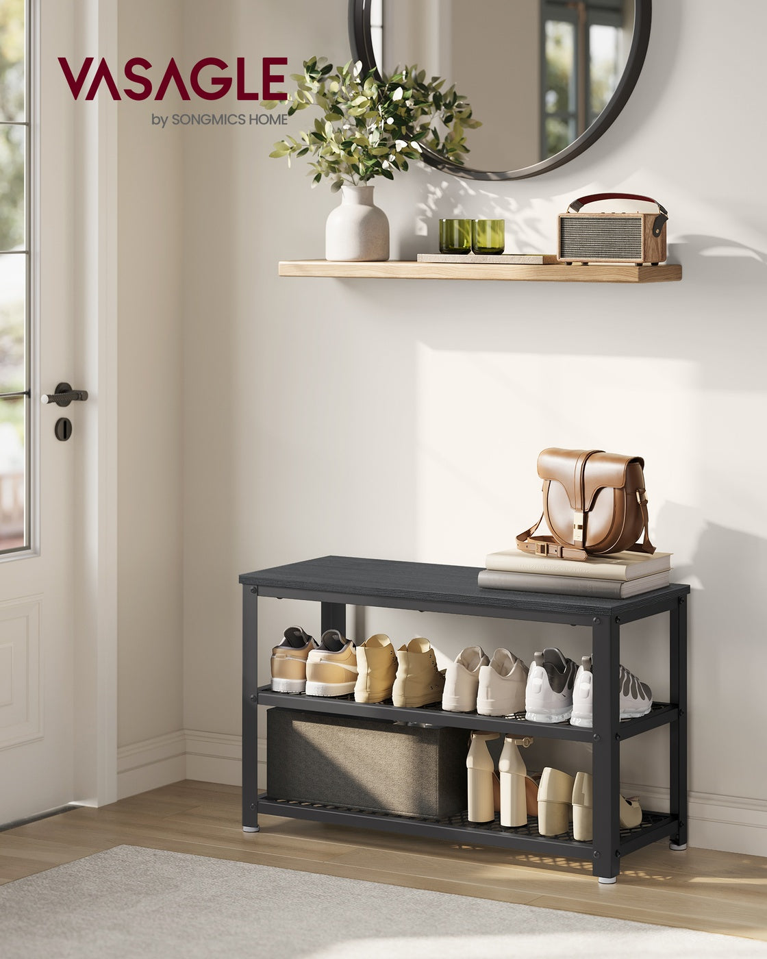 Shelf Storage Bench - Metal Mesh Shelves - 29 Inch Entryway Bench