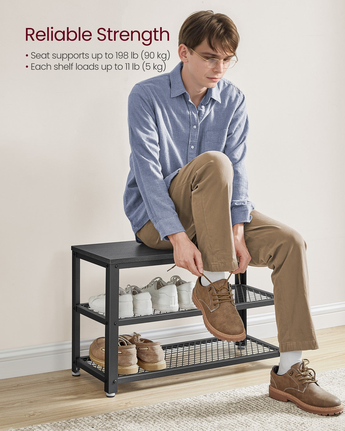 Shelf Storage Bench - Metal Mesh Shelves - 29 Inch Entryway Bench