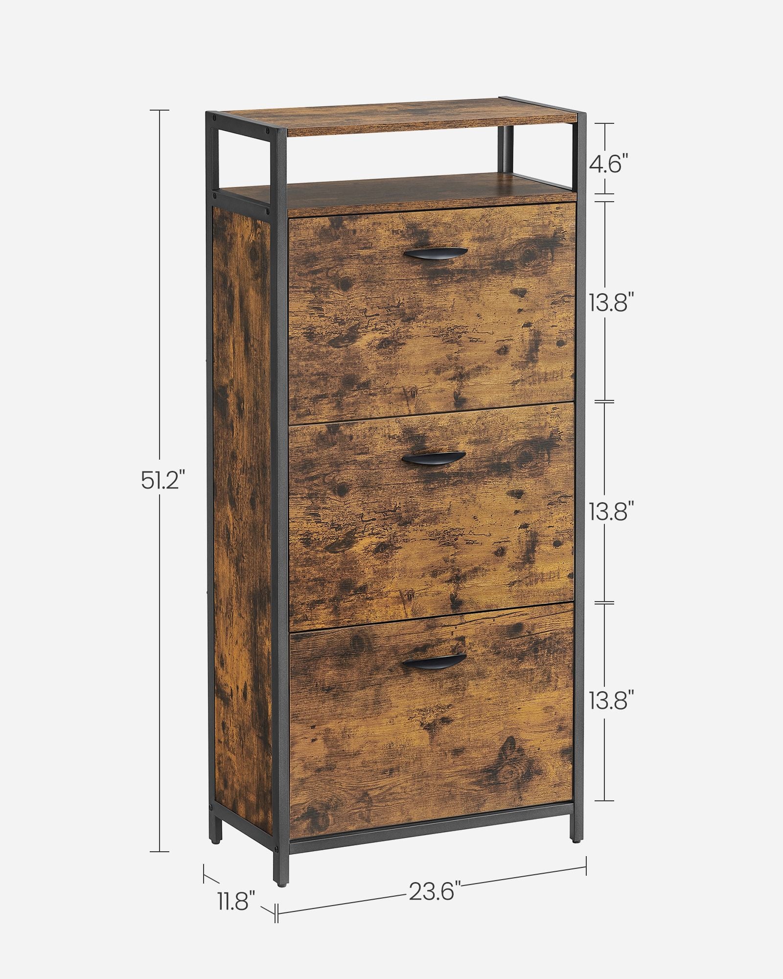 Shoe Cabinet with 3 Flip Drawers - Shoe Storage Cabinet - Asjustable and Removable Dividers - Holds 15-18 Pairs of Shoes - 11.8 x 23.6 x 51.2 Inches - Rustic Brown and Black