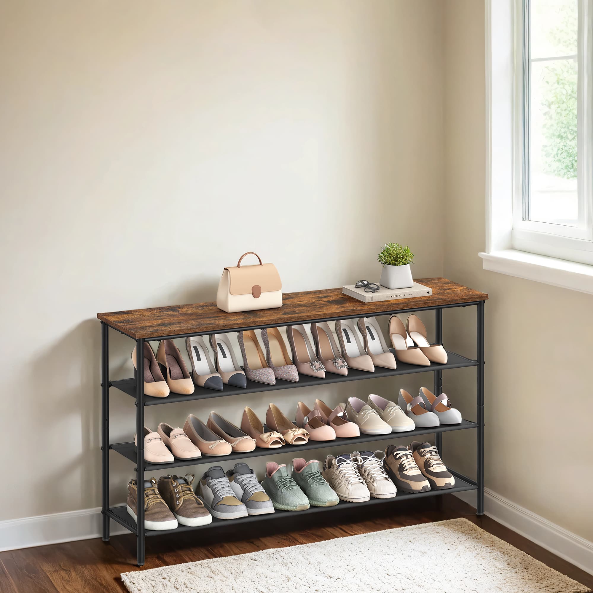 Shoe Storage Shelf with Fabric Tiers for Entryway or Closet - Rustic Brown, Black - 11.8"D x 27.6"W x 47.2"H
