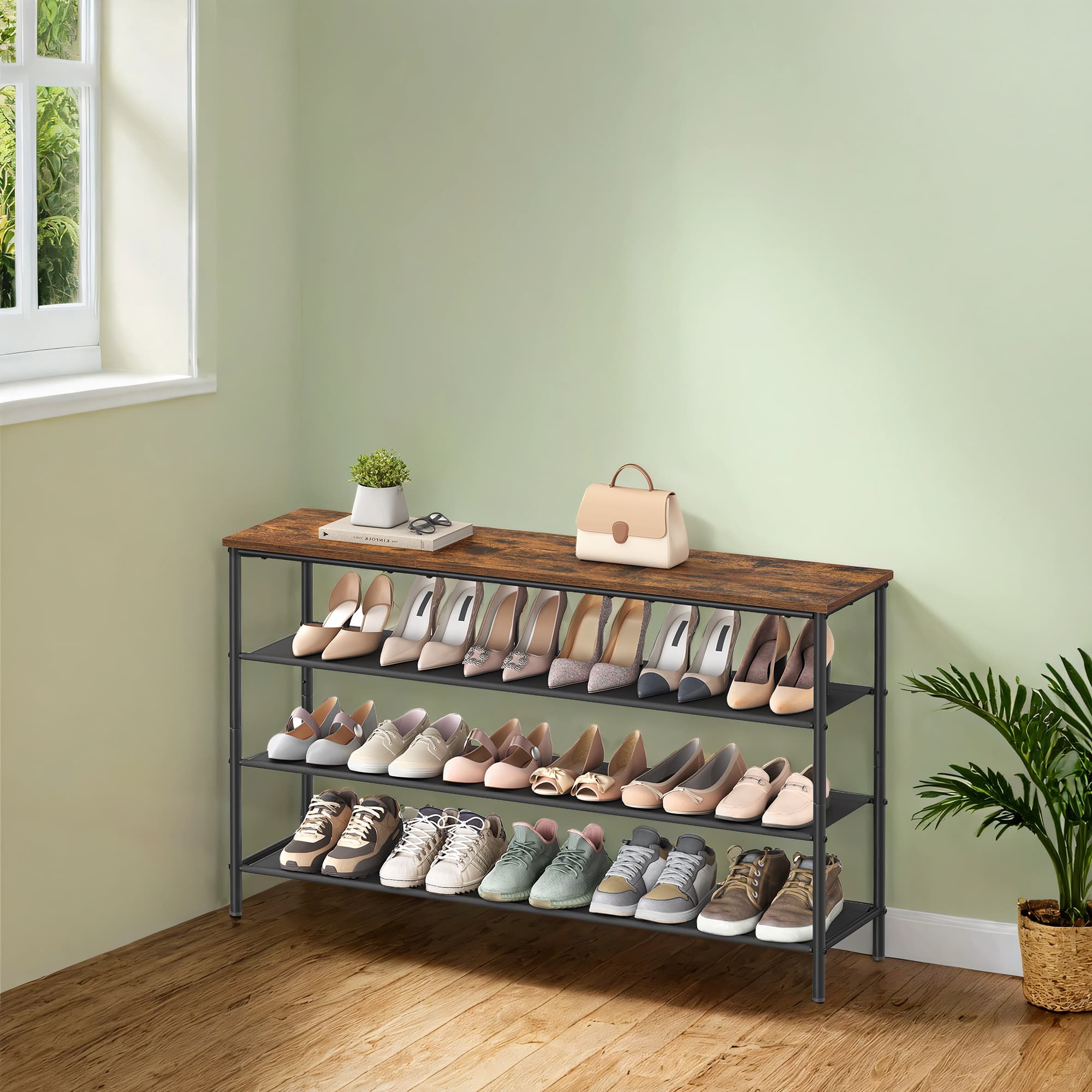 Shoe Storage Shelf with Fabric Tiers for Entryway or Closet - Rustic Brown, Black
