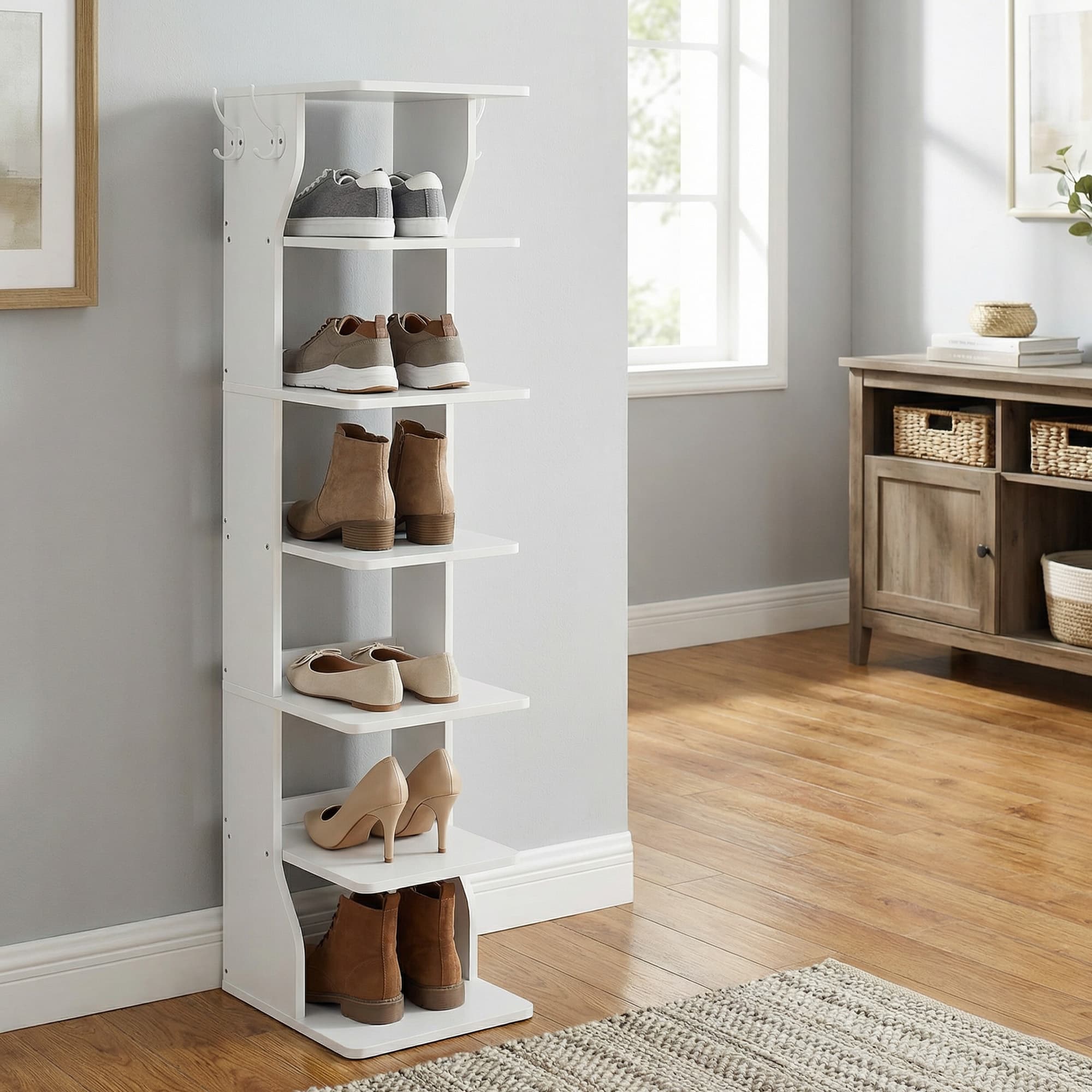 Tall Vertical Shoe Rack Tower with Hooks for Entryway and Bedroom