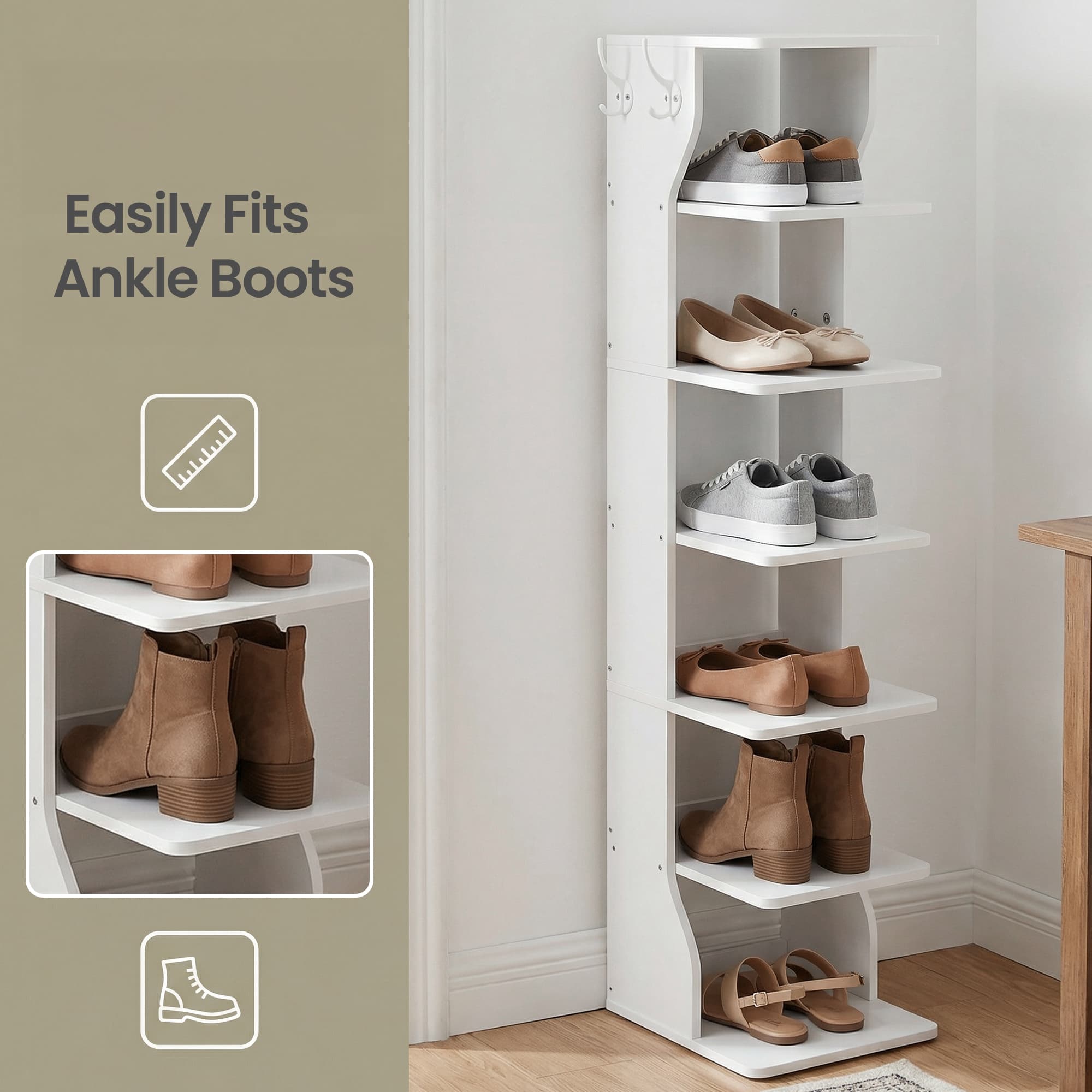 Tall Vertical Shoe Rack Tower with Hooks for Entryway and Bedroom