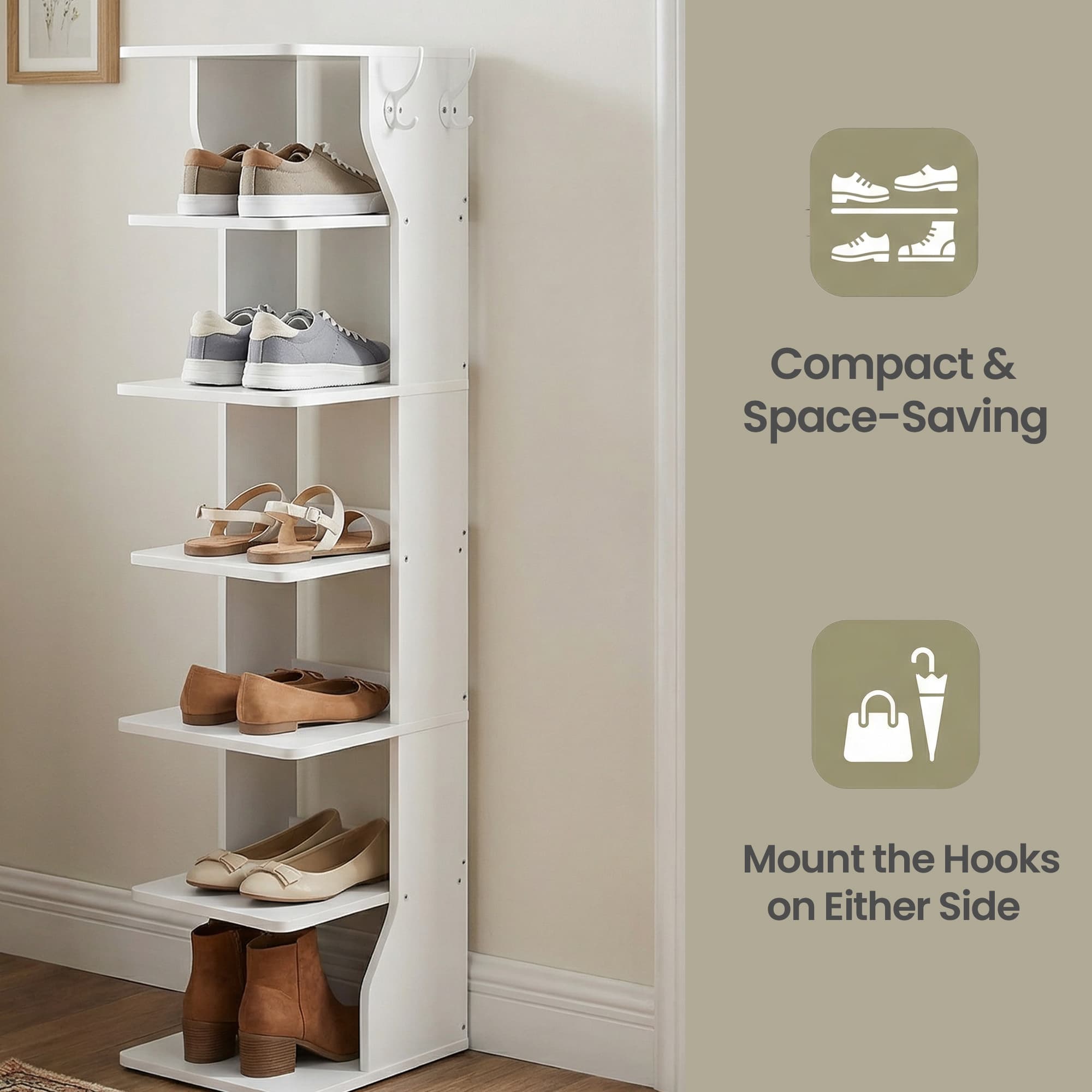 Tall Vertical Shoe Rack Tower with Hooks for Entryway and Bedroom