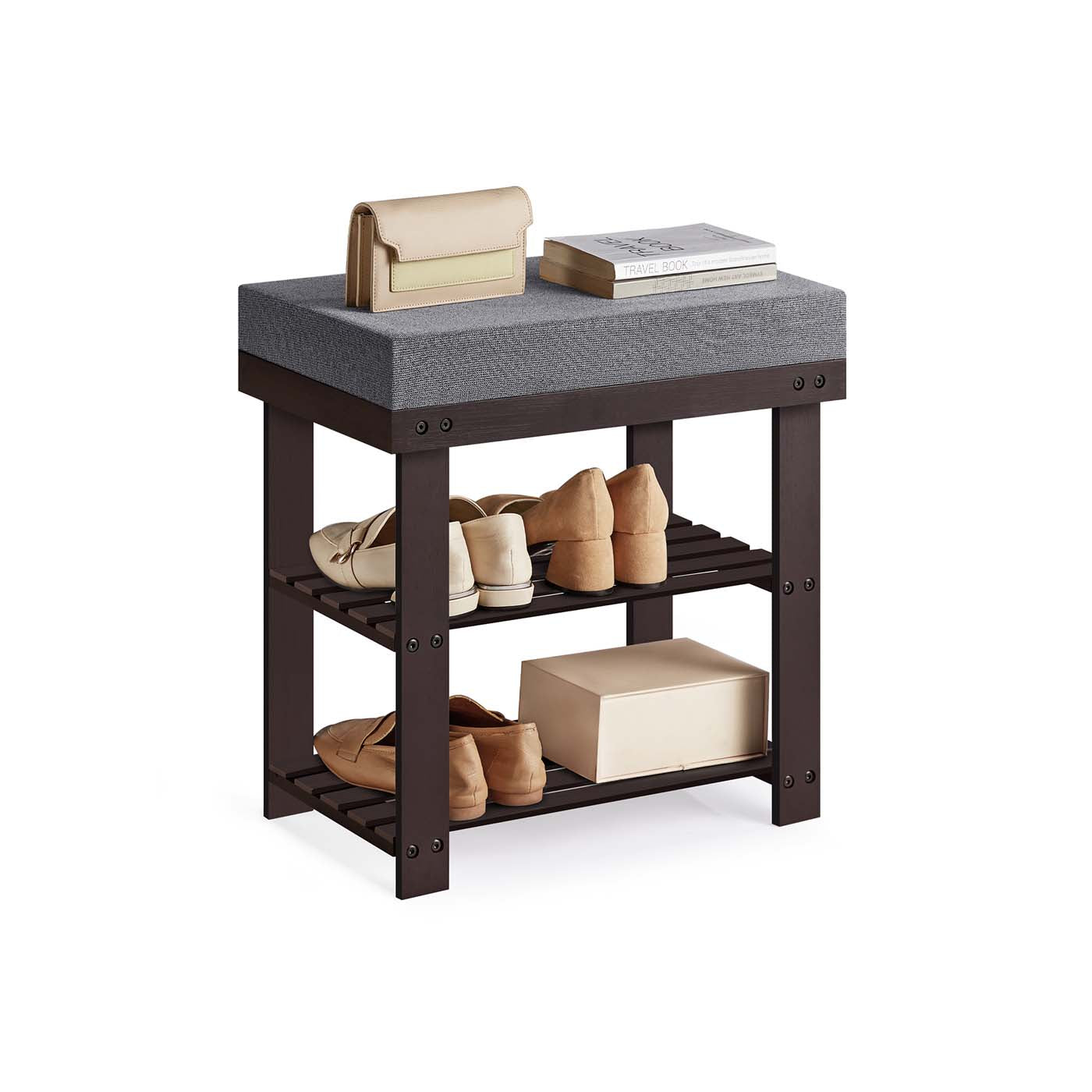 Shoe Organizer with Bench - Rustic Walnut, Slate Gray - 11.9"D x 20.5"W x 19.2"H