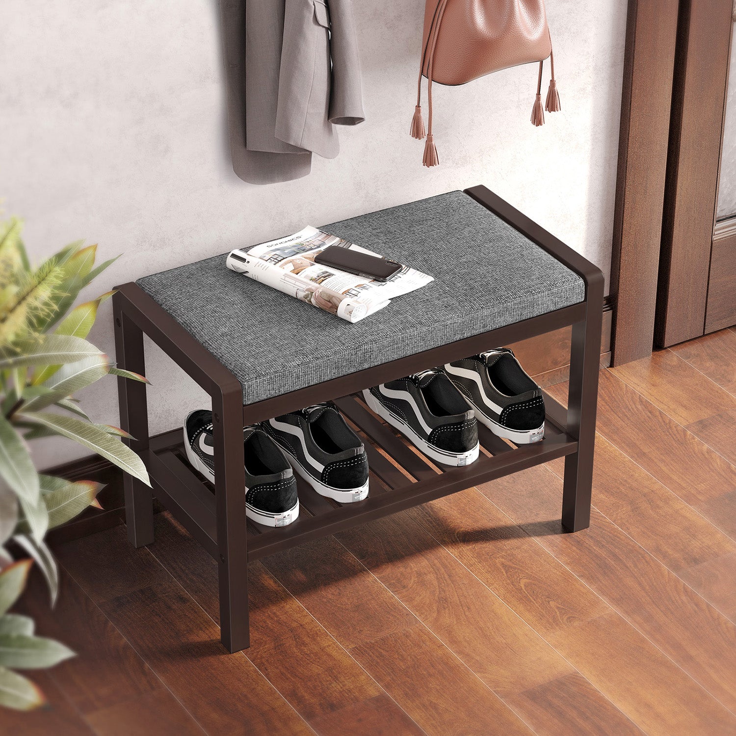Shoe Rack Bench with Cushion Upholstered Padded Seat - Gray, Brown