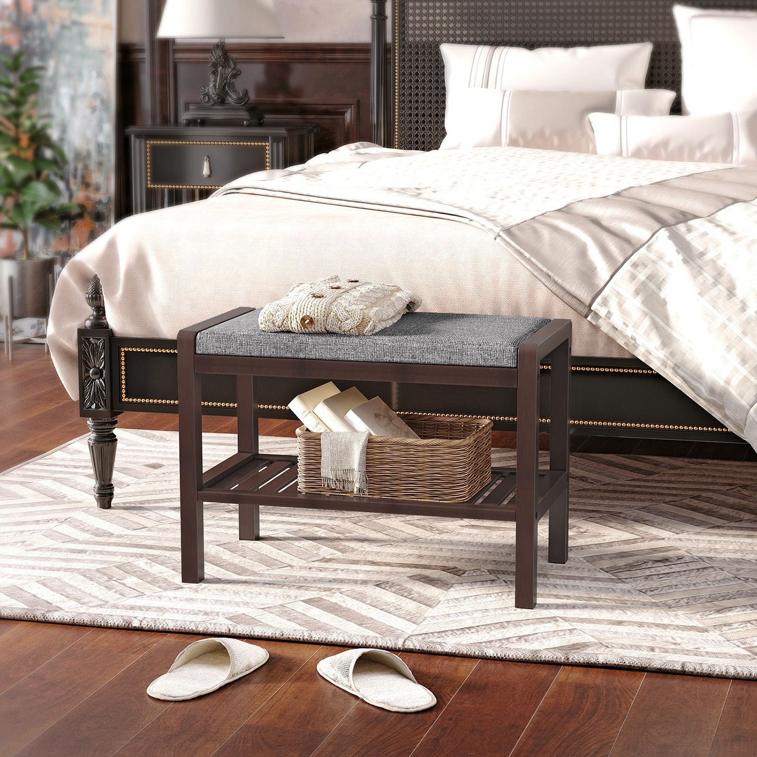 Shoe Rack Bench with Cushion Upholstered Padded Seat - Gray, Brown
