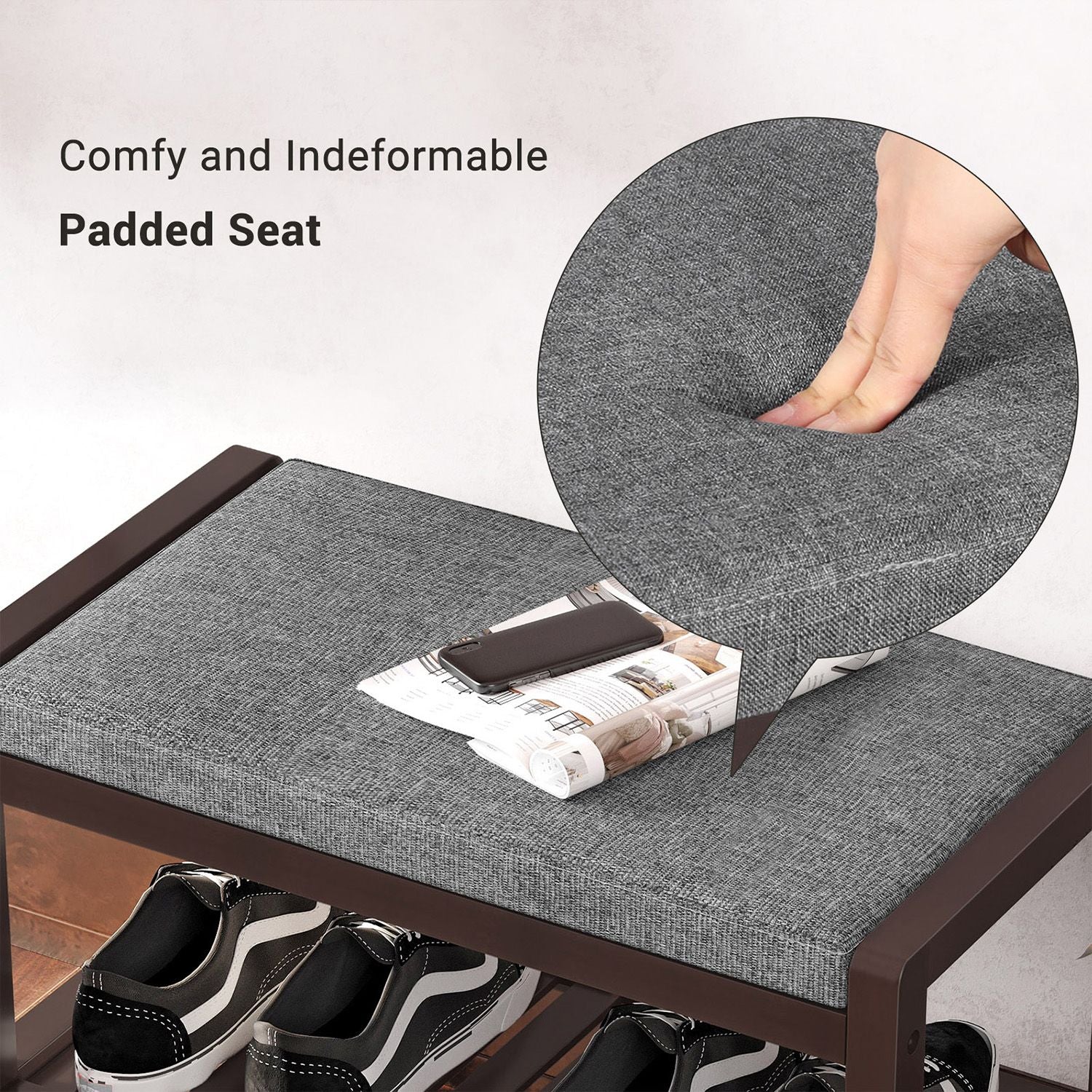 Shoe Rack Bench with Cushion Upholstered Padded Seat - Gray, Brown