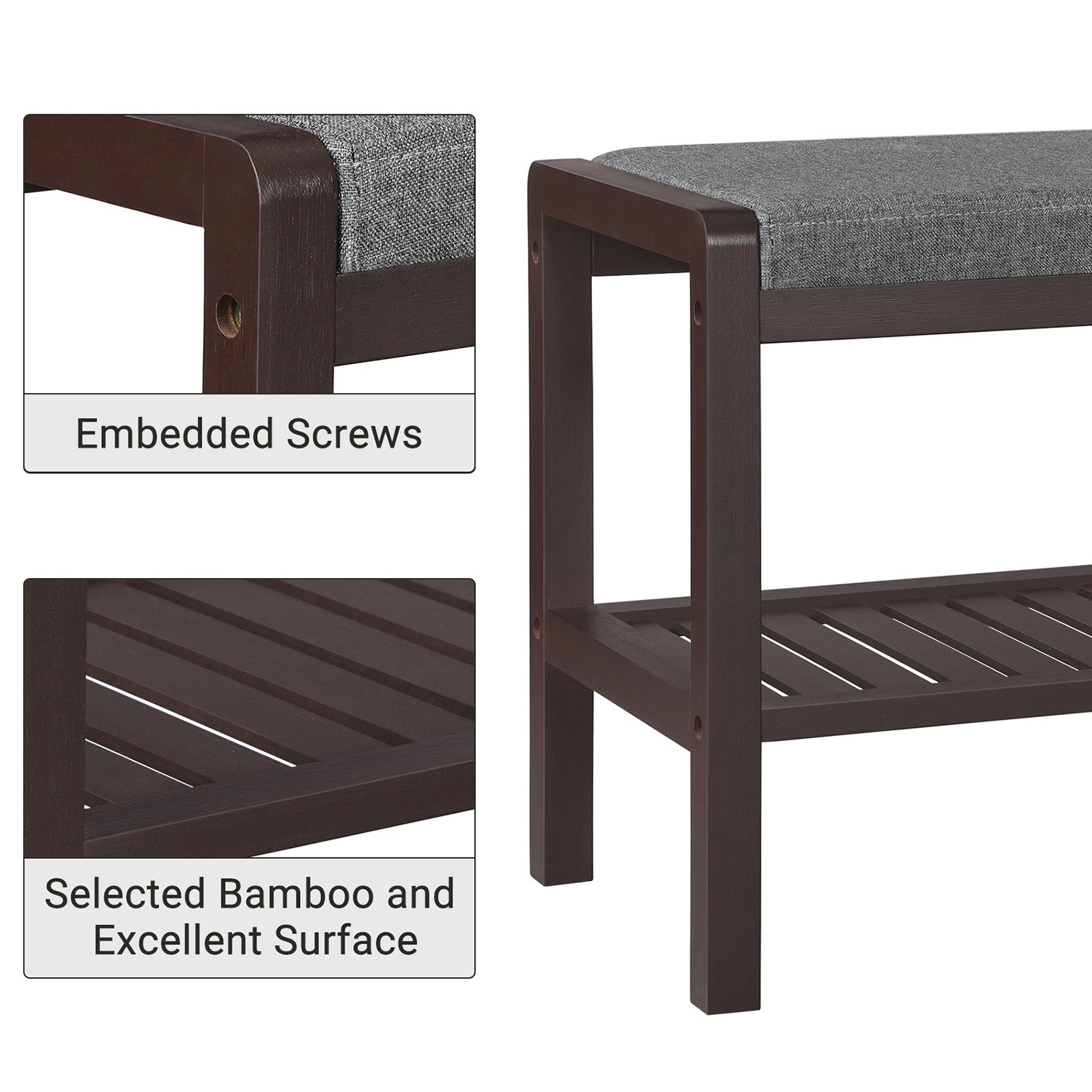 Shoe Rack Bench with Cushion Upholstered Padded Seat - Gray, Brown