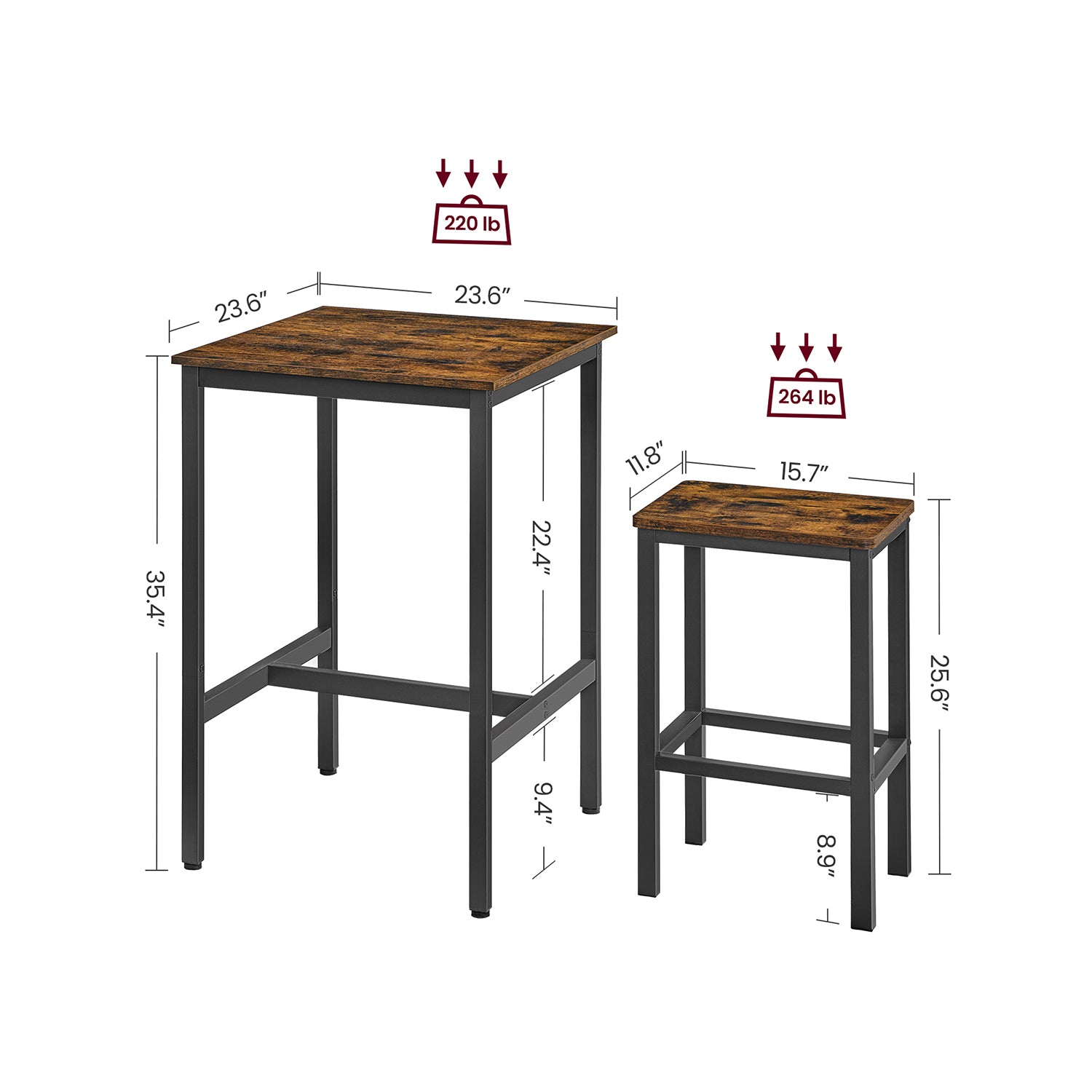 Bar Table and Chairs Set - Rustic Brown, Ink Black