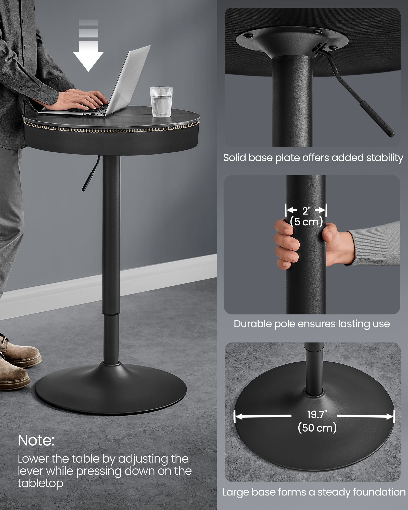 EKHO Collection - Height Adjustable Bar Table Set of 2 - Ebony Black, Ink Black