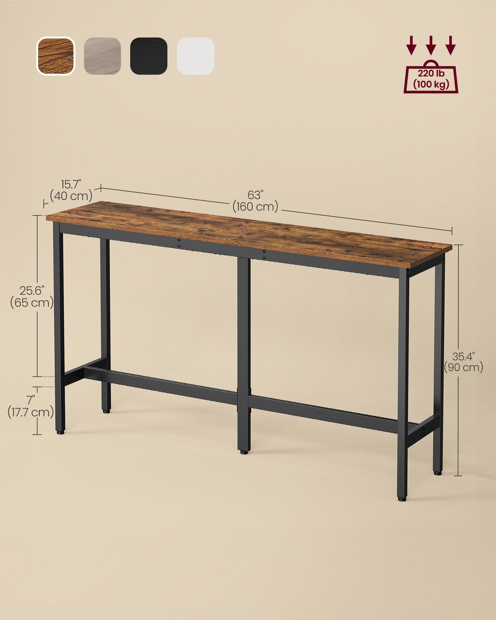 Bar Table - Kitchen Dining Table - High Top Pub Table - Bar Height Cocktail Table for Living Room Party - Sturdy Metal - 15.7 x 63 x 35.4 Inches for Narrow Spaces - Rustic Brown and Ink Black