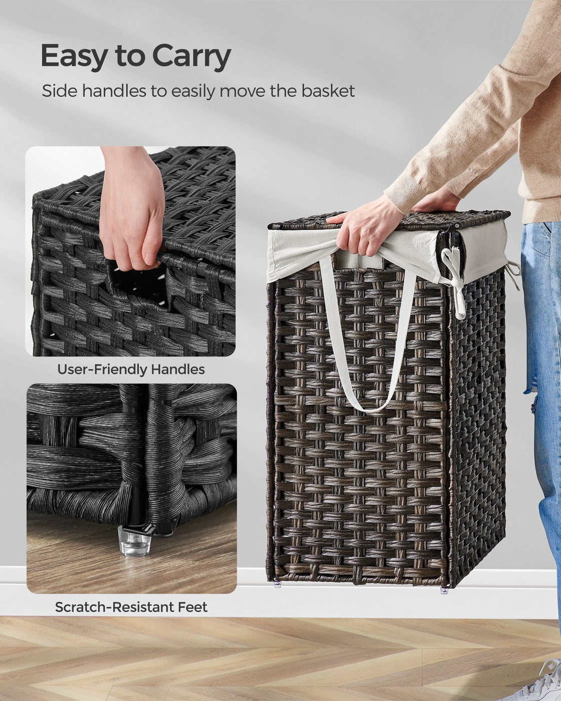 23.8 Gallon (90 L) Synthetic Rattan Clothes Laundry Basket with Lid and Handles Brown - Chestnut Brown