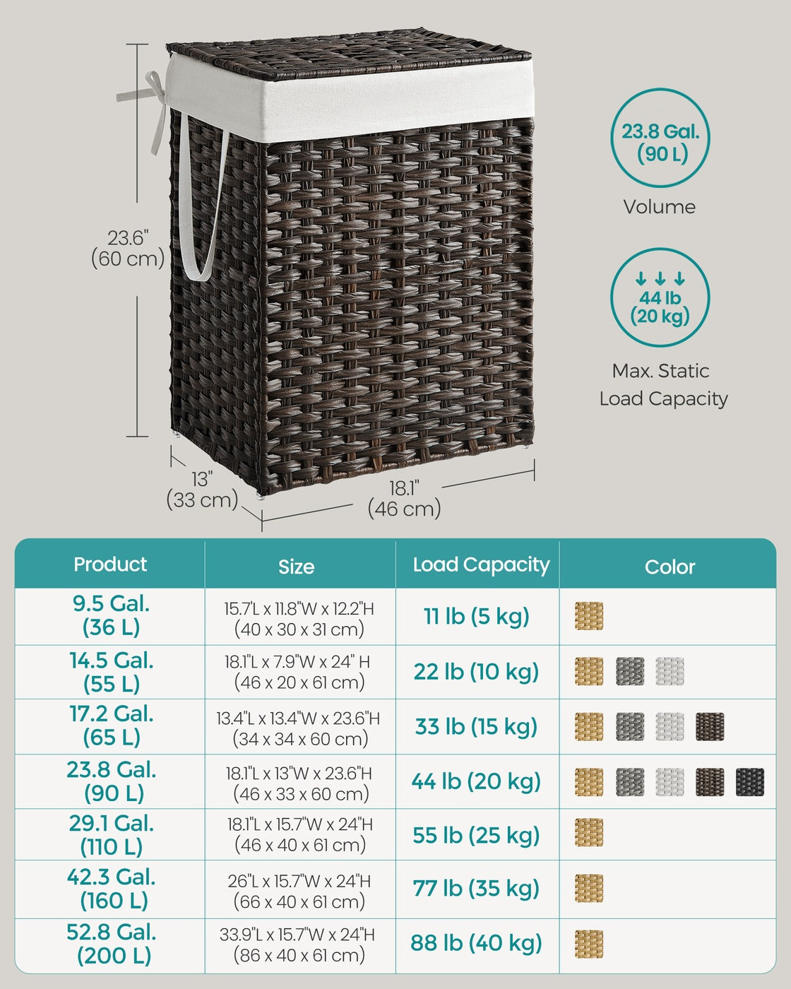 23.8 Gallon (90 L) Synthetic Rattan Clothes Laundry Basket with Lid and Handles Brown - Chestnut Brown