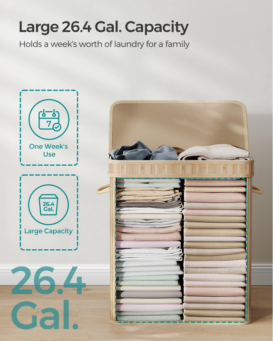Bamboo Laundry Hamper with Lid - 26 Gallon Capacity - Removable Fabric Liner