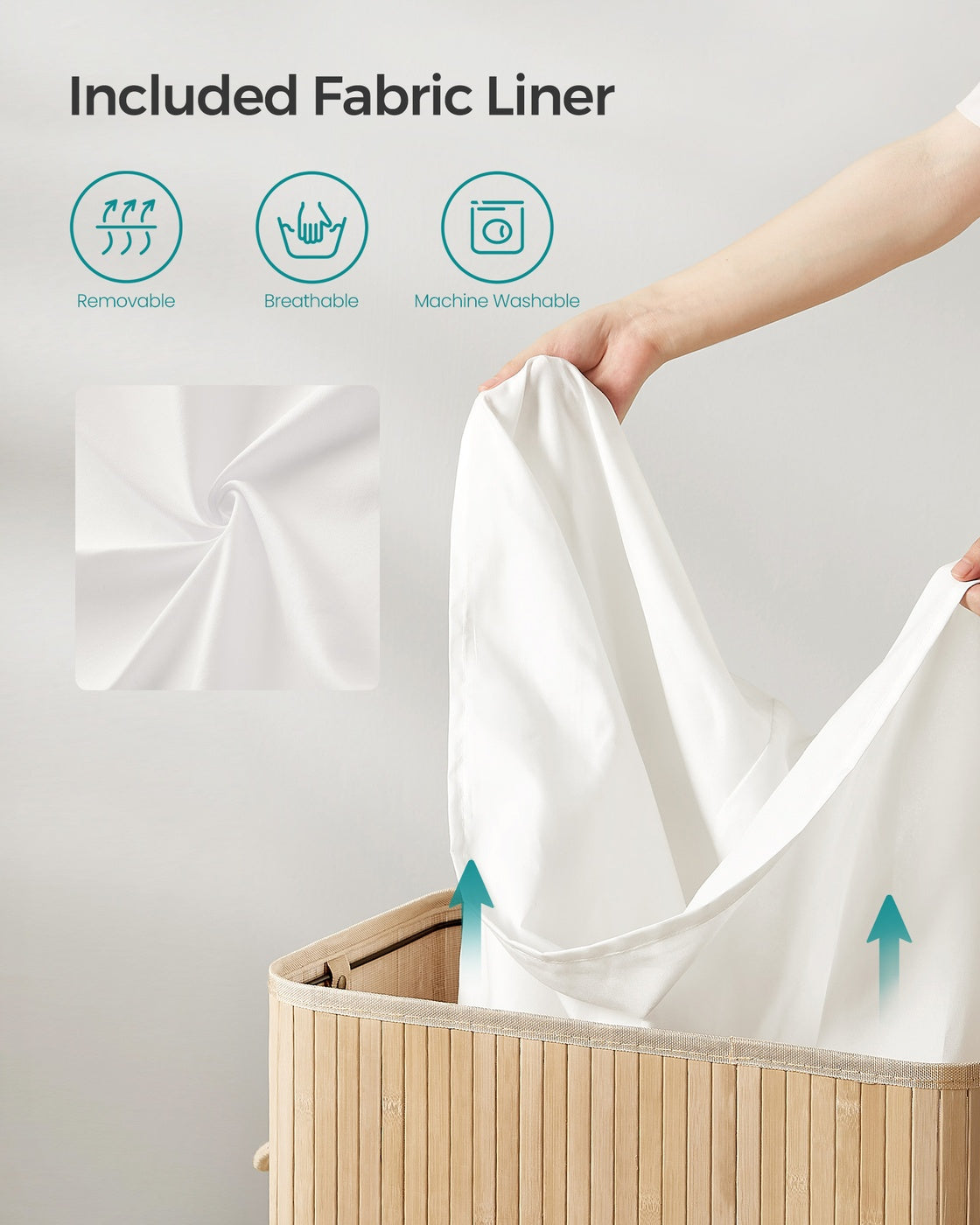 Bamboo Laundry Hamper with Lid - 26 Gallon Capacity - Removable Fabric Liner