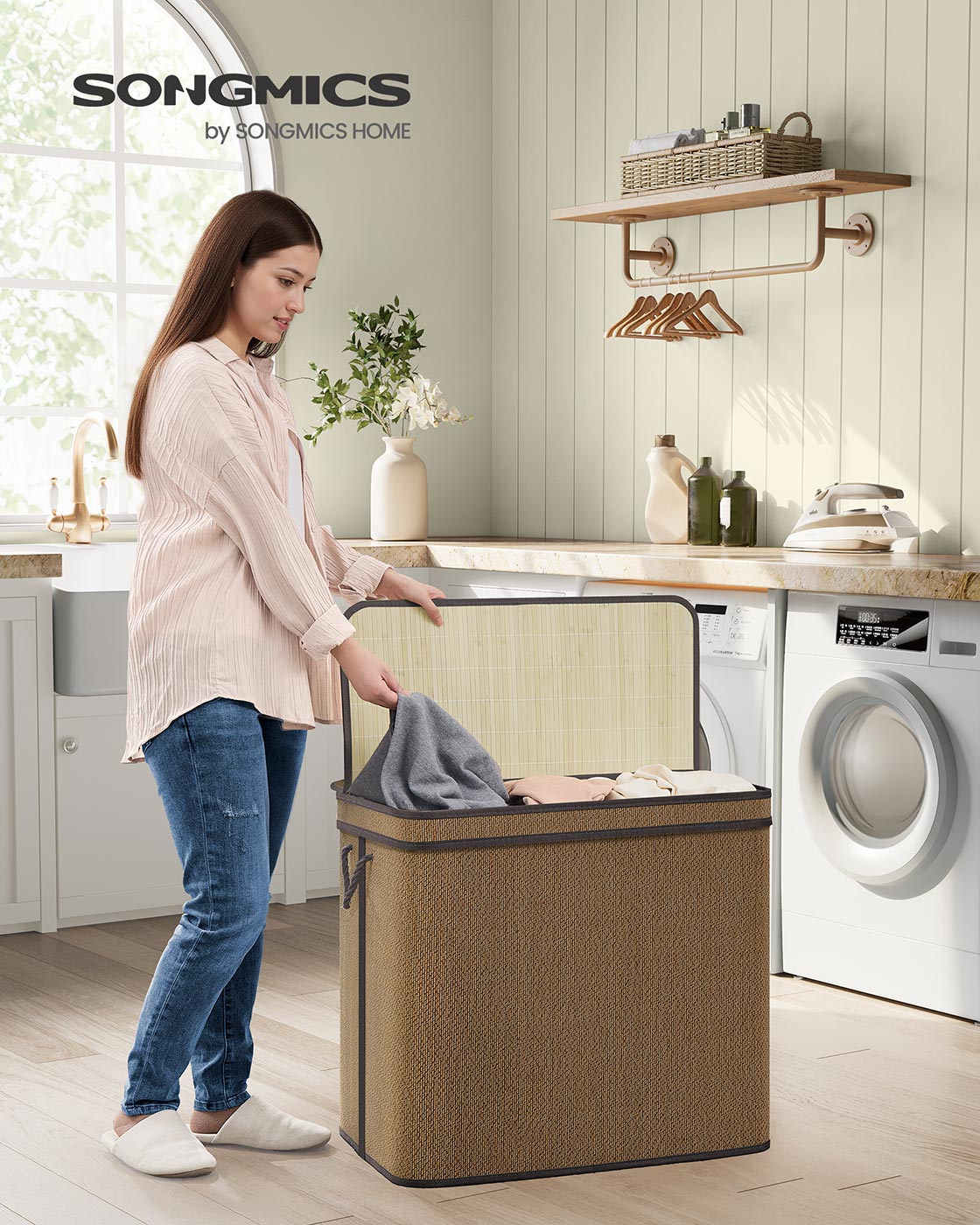 3-Section Laundry Hamper - 44.9 Gal. Laundry Basket - Brown - Brown