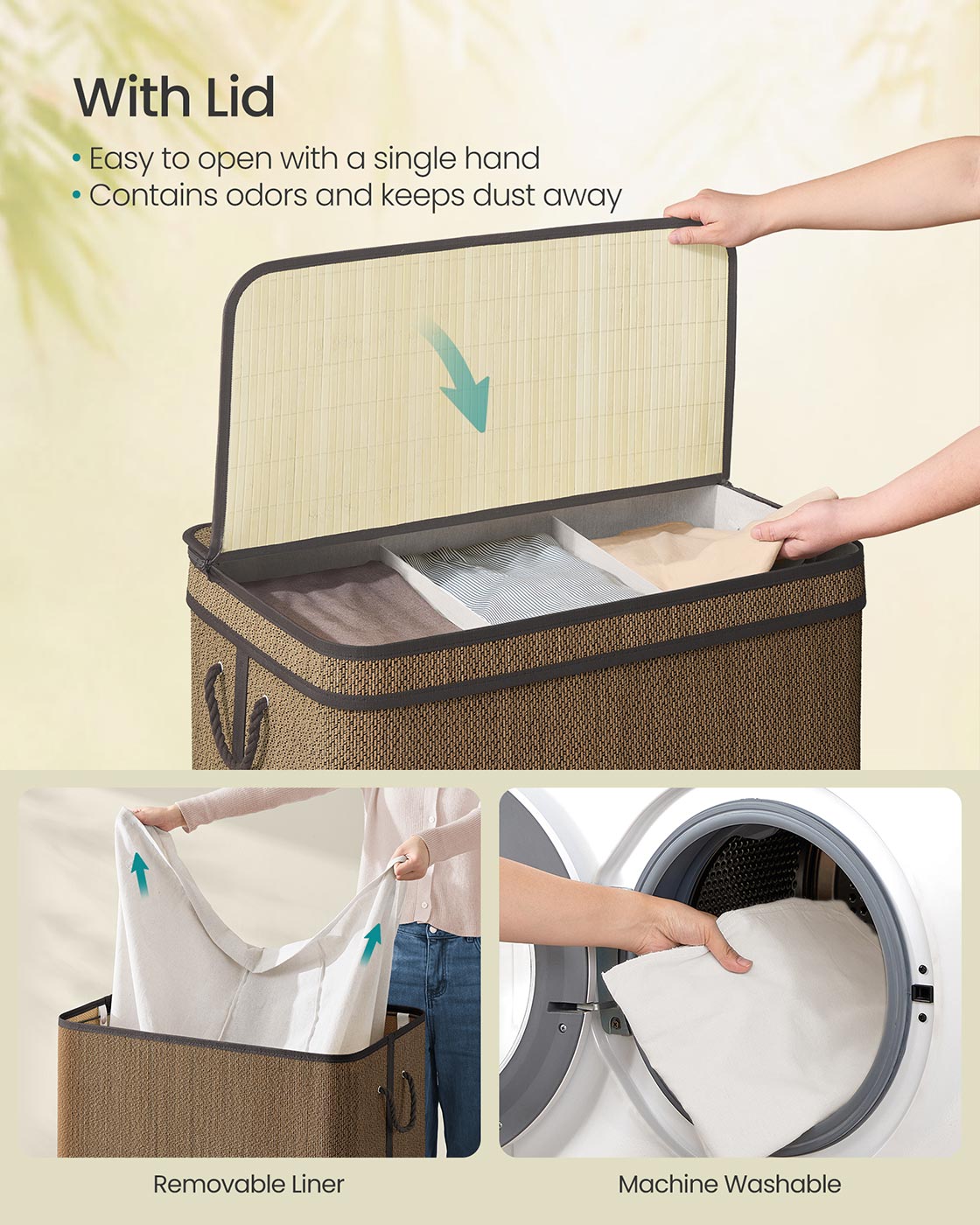 3-Section Laundry Hamper - 44.9 Gal. Laundry Basket - Brown - Brown