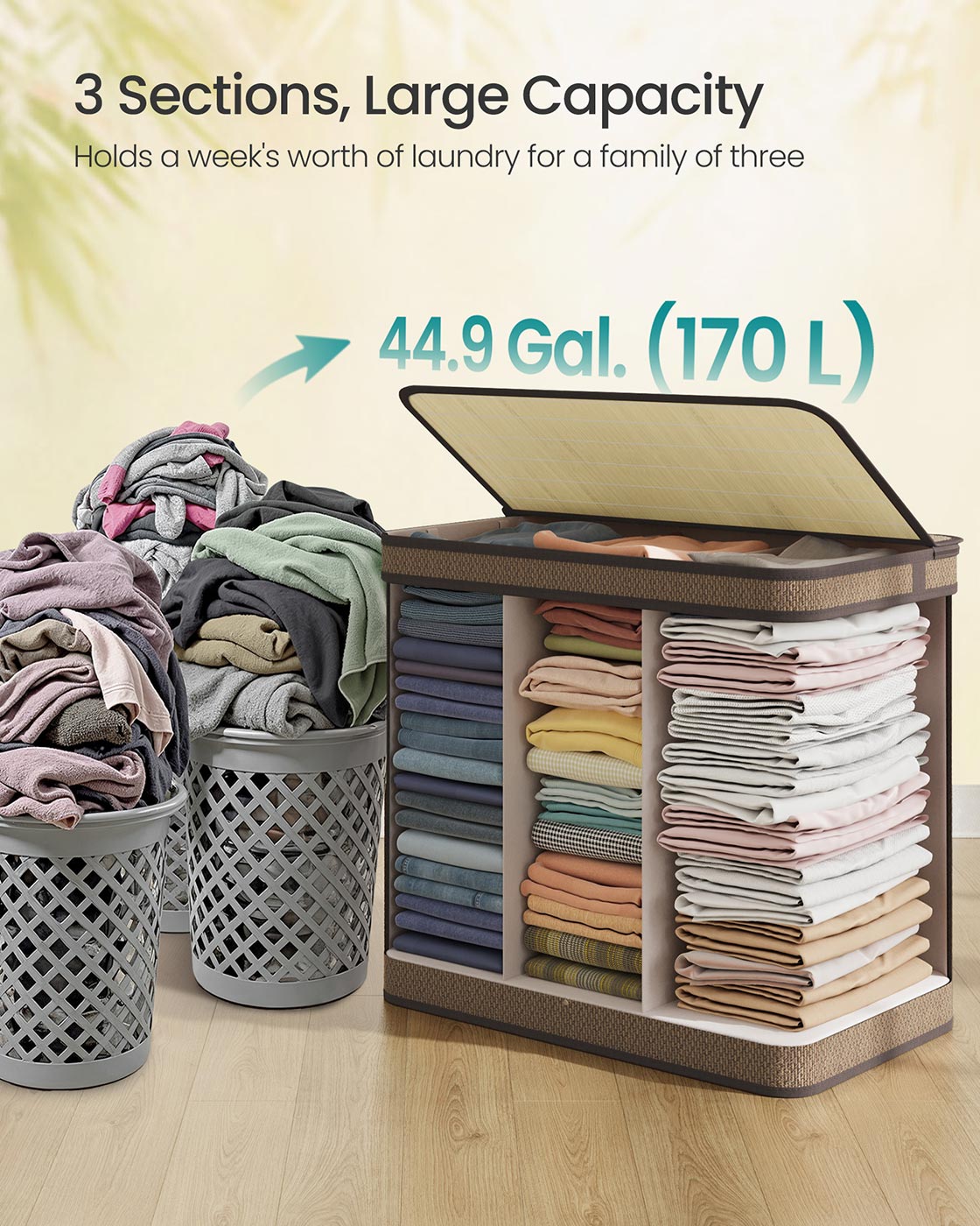 3-Section Laundry Hamper - 44.9 Gal. Laundry Basket - Brown - Brown