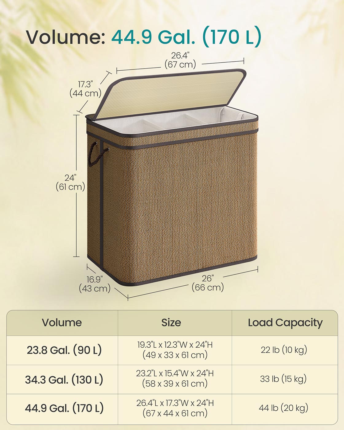 3-Section Laundry Hamper - 44.9 Gal. Laundry Basket - Brown - Brown