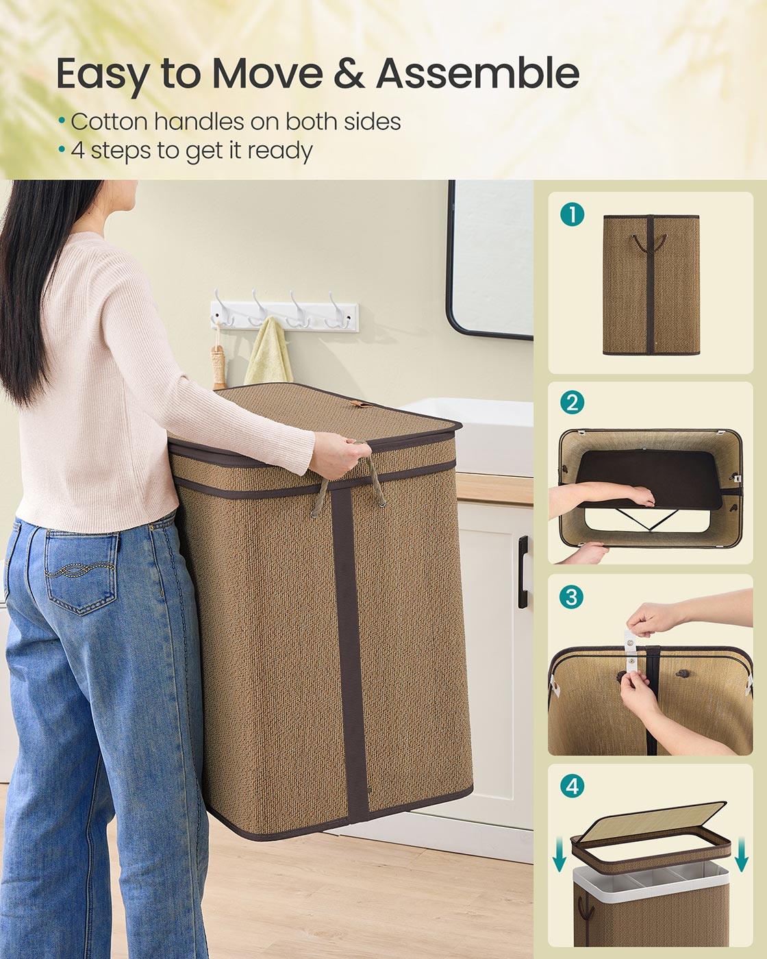 3-Section Laundry Hamper - 44.9 Gal. Laundry Basket - Brown - Brown