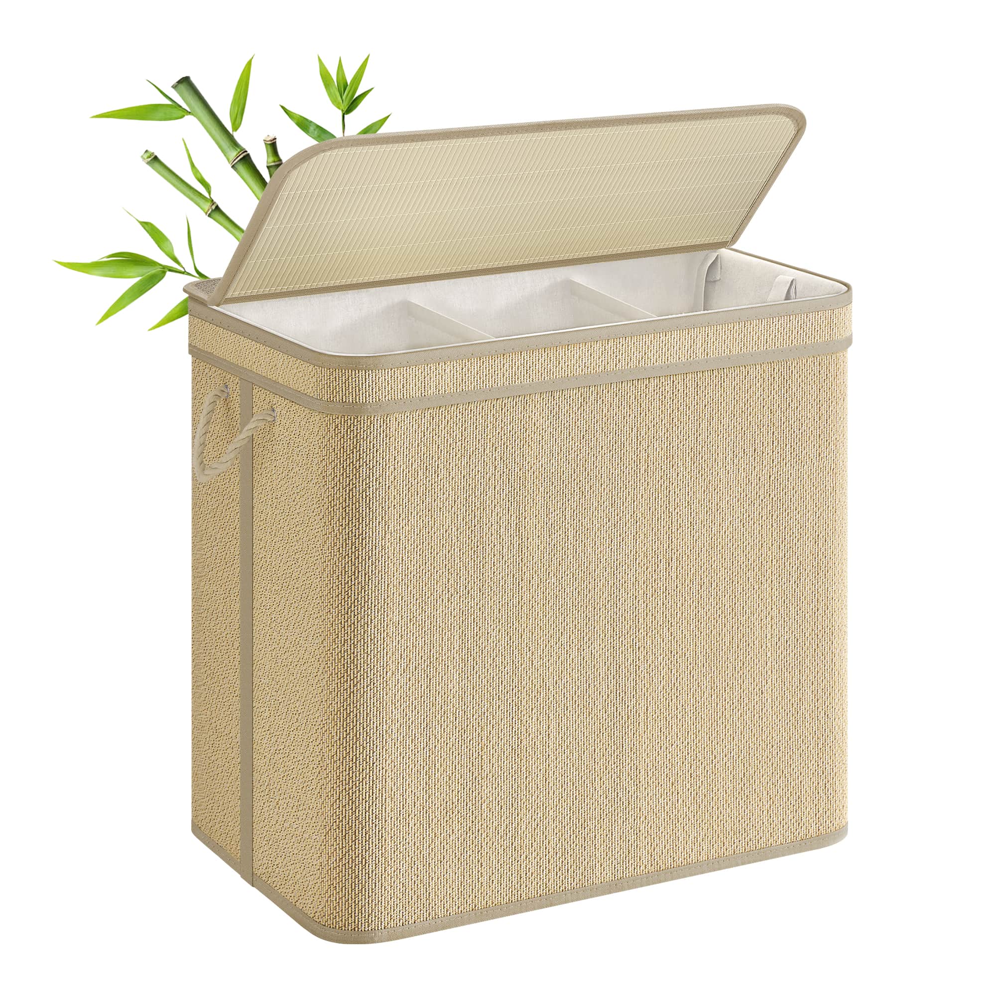 3-Section Laundry Hamper - 44.9 Gal. Laundry Basket - Brown - Natural - 26.4"L x 17.3"W x 24"H