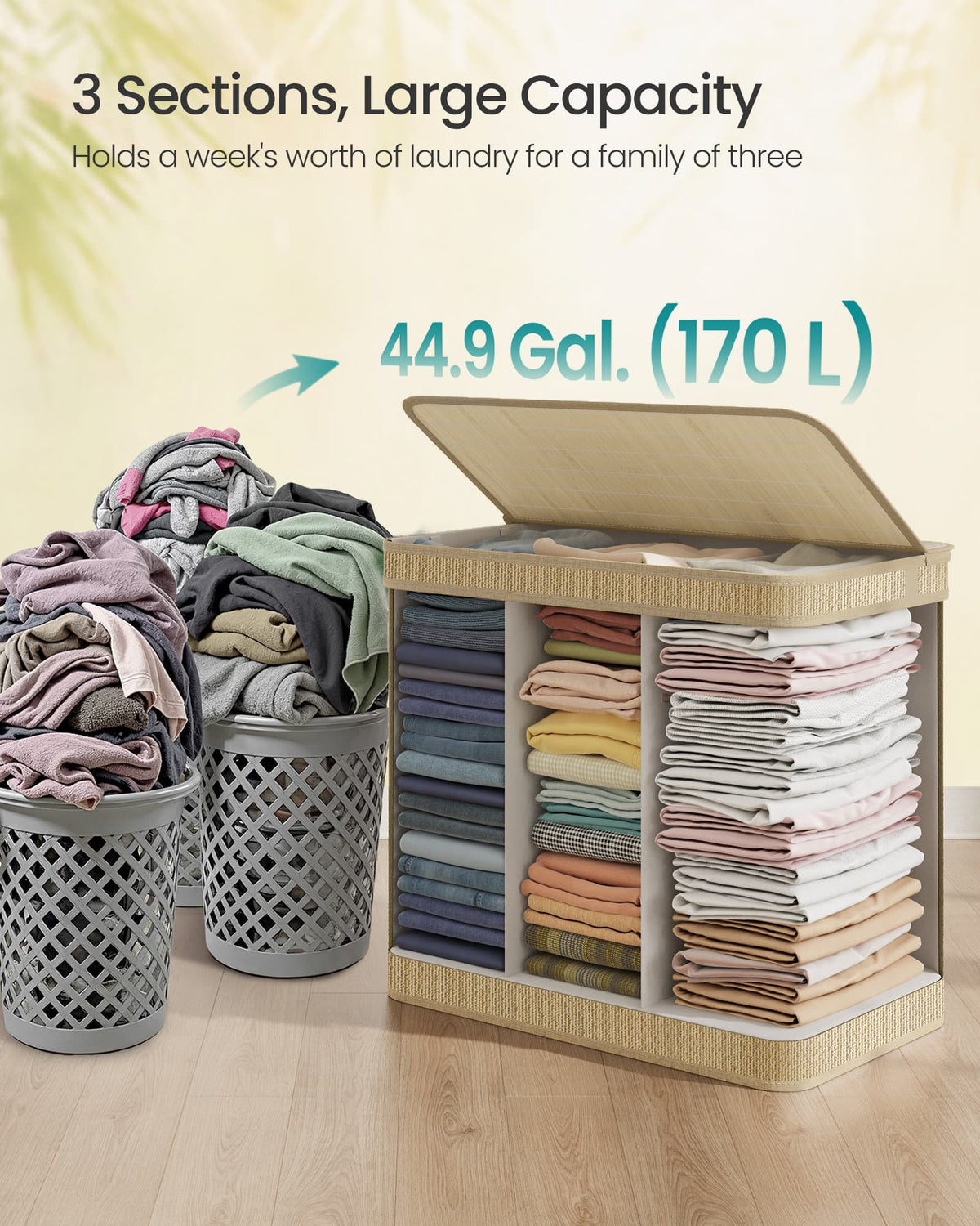 Laundry Hamper - 3-Section - 44.9 Gallon Capacity